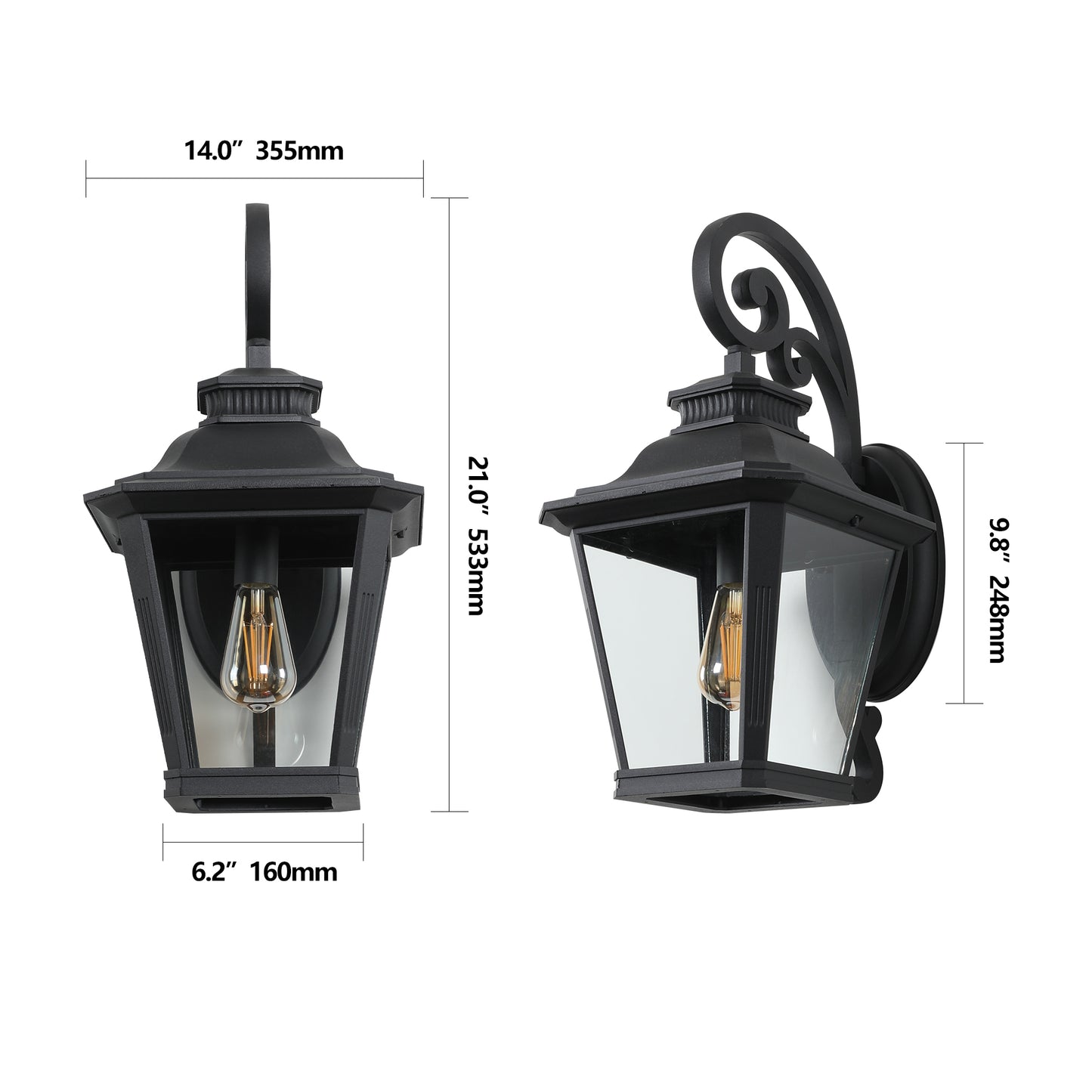 Black traditional outdoor wall lantern with clear glass panels and ornate scroll arm