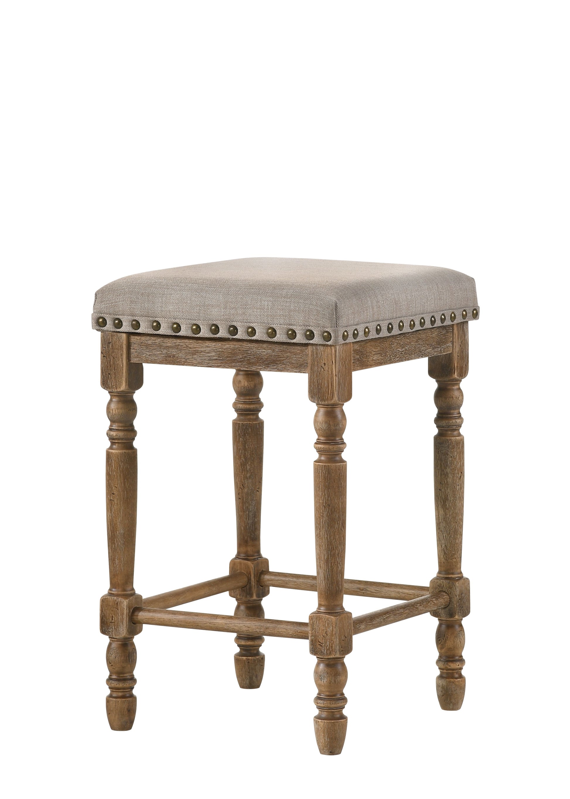 Rustic counter stool with a neutral fabric seat and nailhead trim