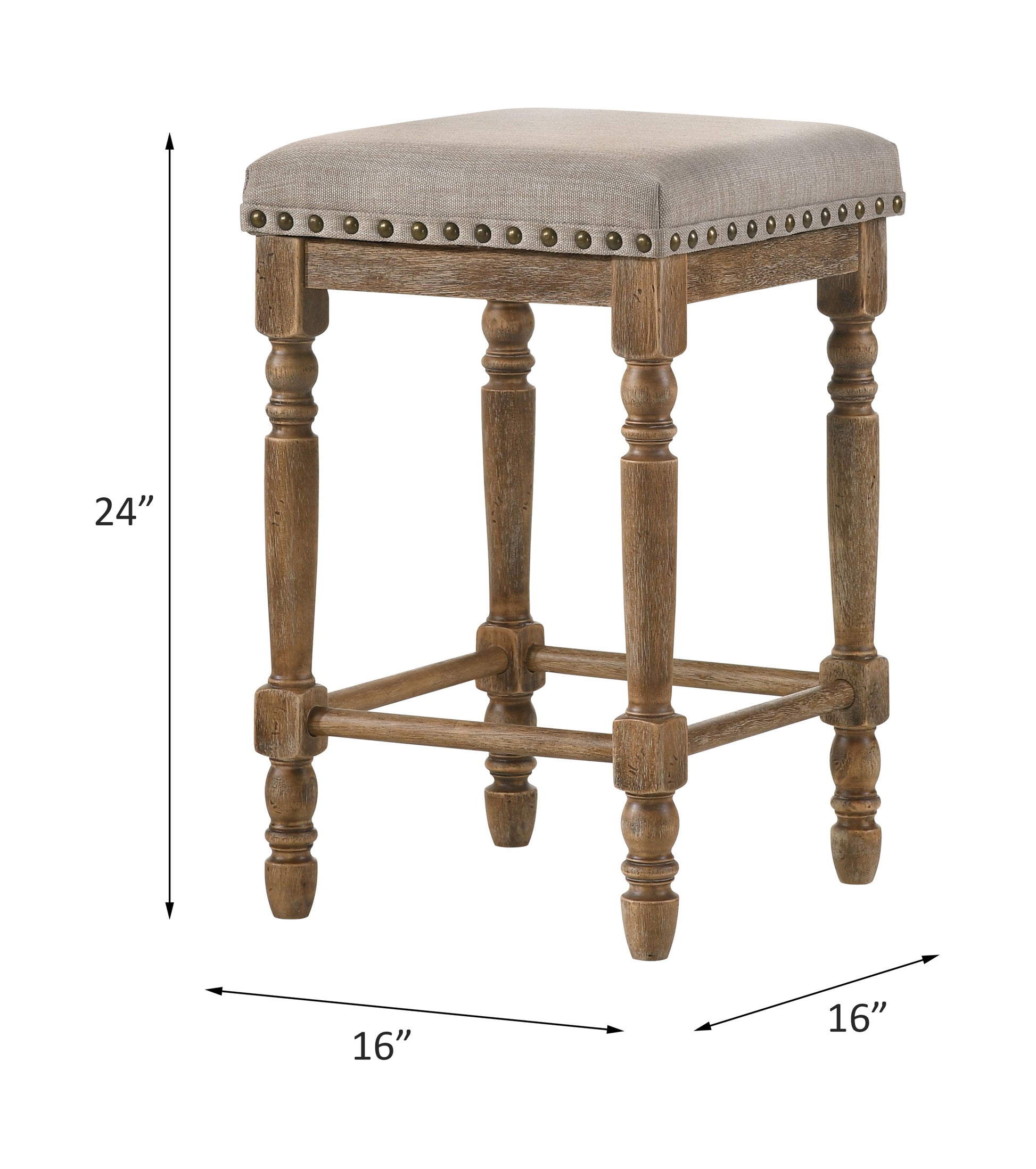 Light brown linen upholstered counter stool with nailhead trim and distressed wood legs
