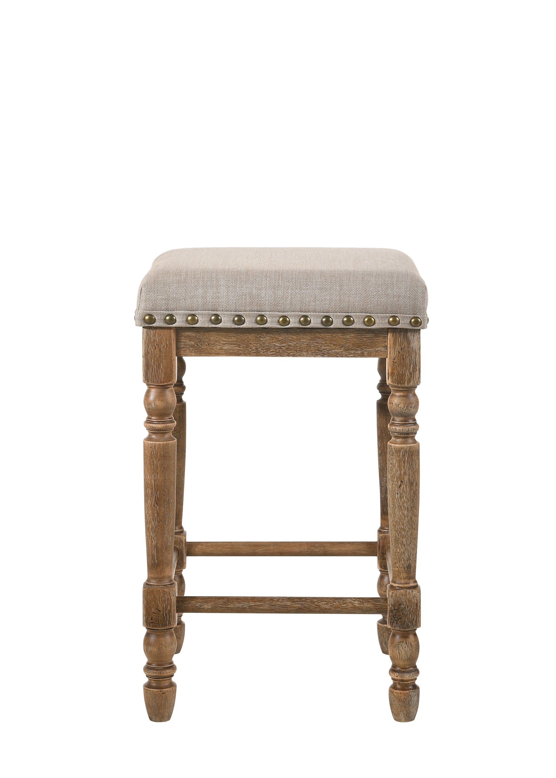 Rustic wooden bar stool with upholstered linen seat and brass nailhead trim