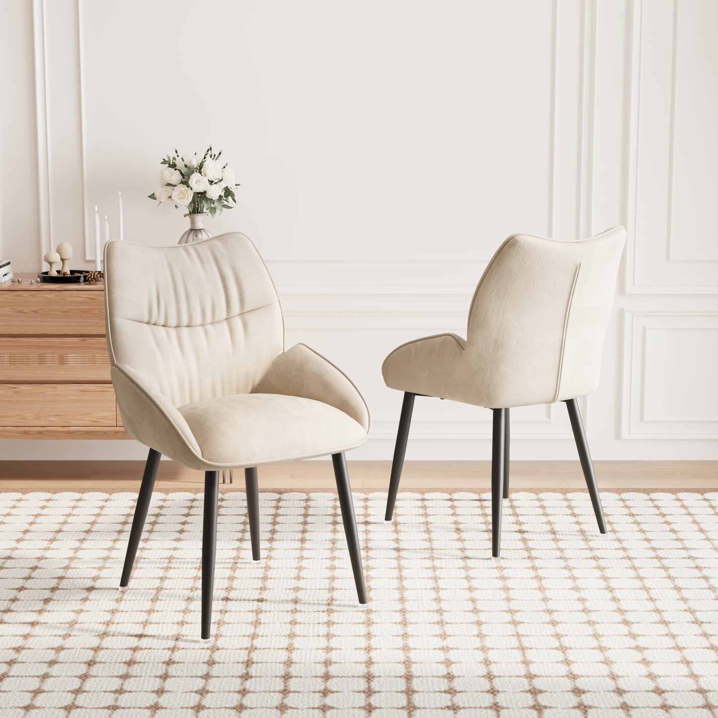 Elegant beige fabric accent chair with plush cushioning and tapered legs