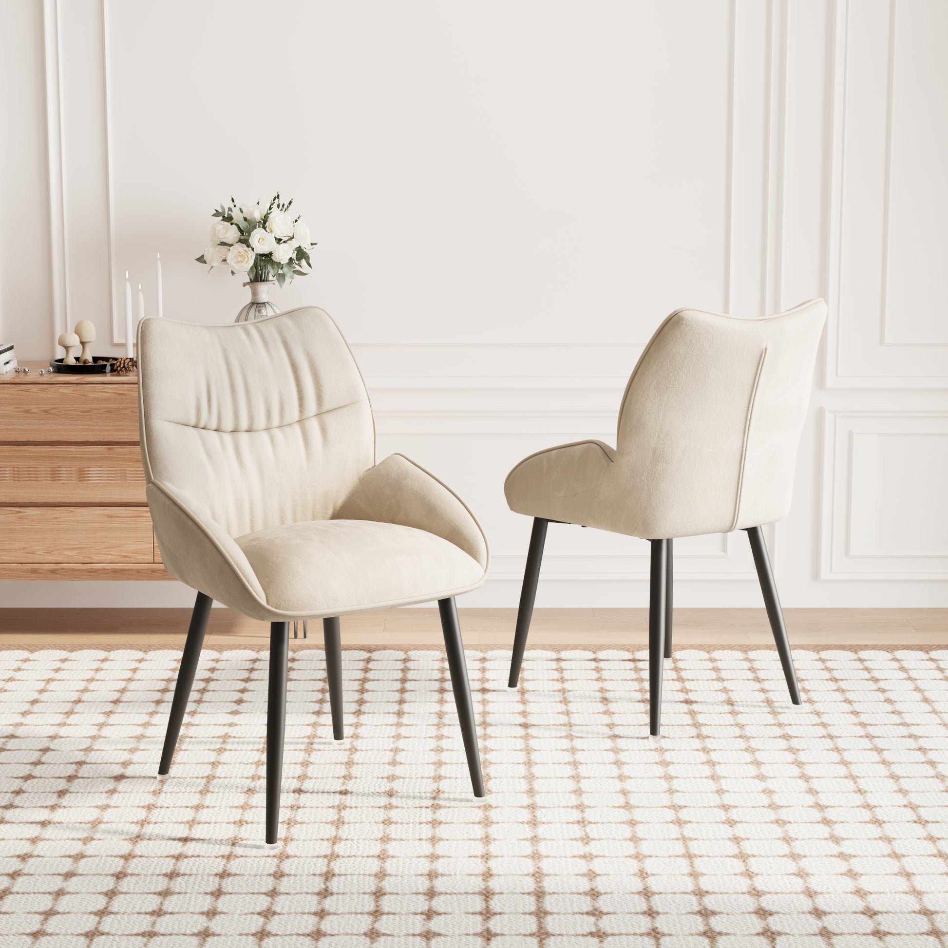 Elegant beige fabric accent chair with plush cushioning and tapered legs