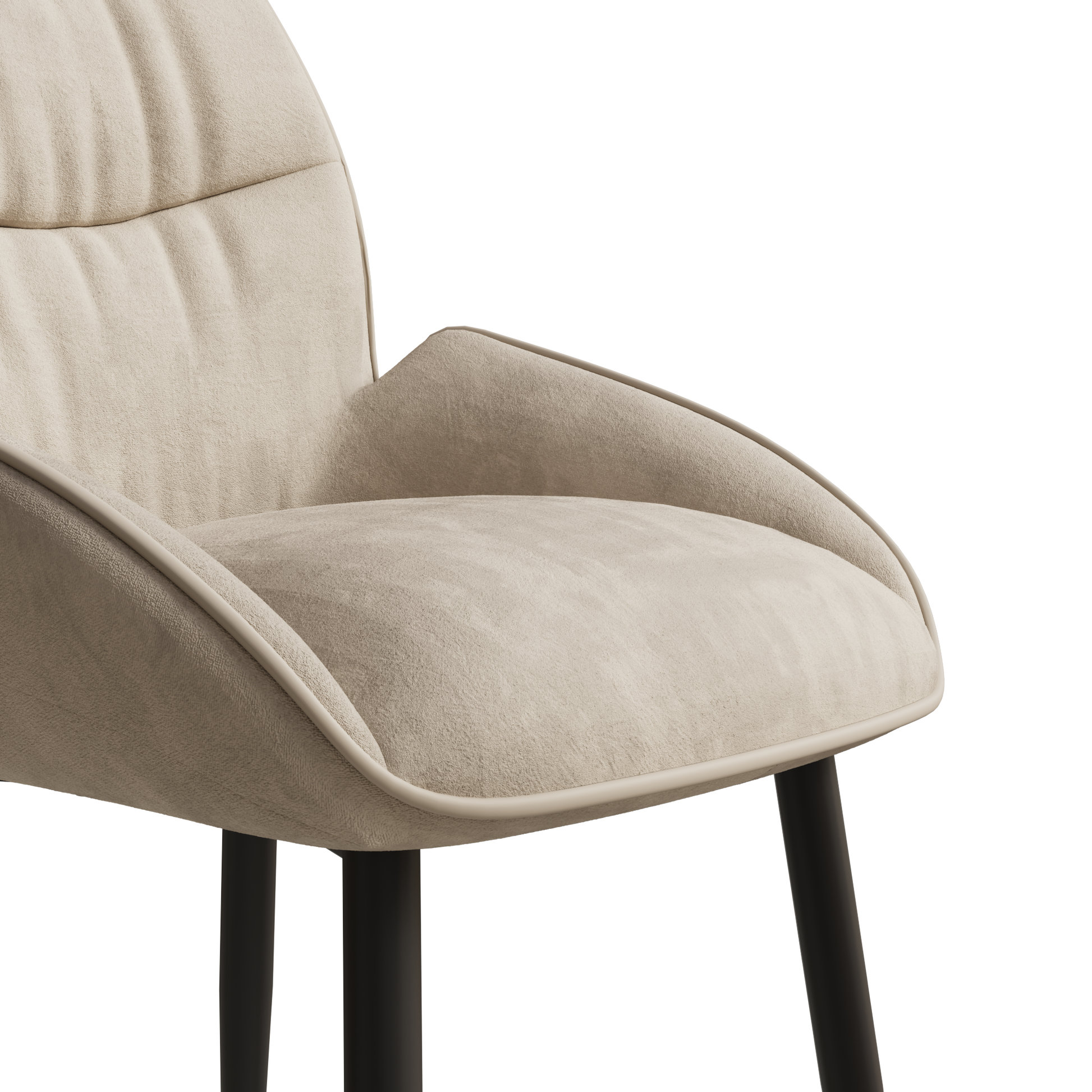 Plush cream upholstered accent chair with subtle stitching detail and dark metal legs
