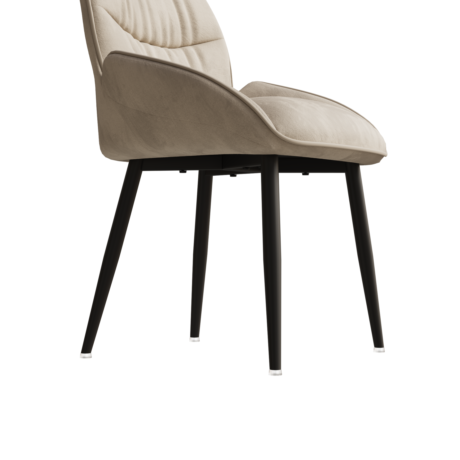 Cream upholstered dining chair with tufted back and black metal legs