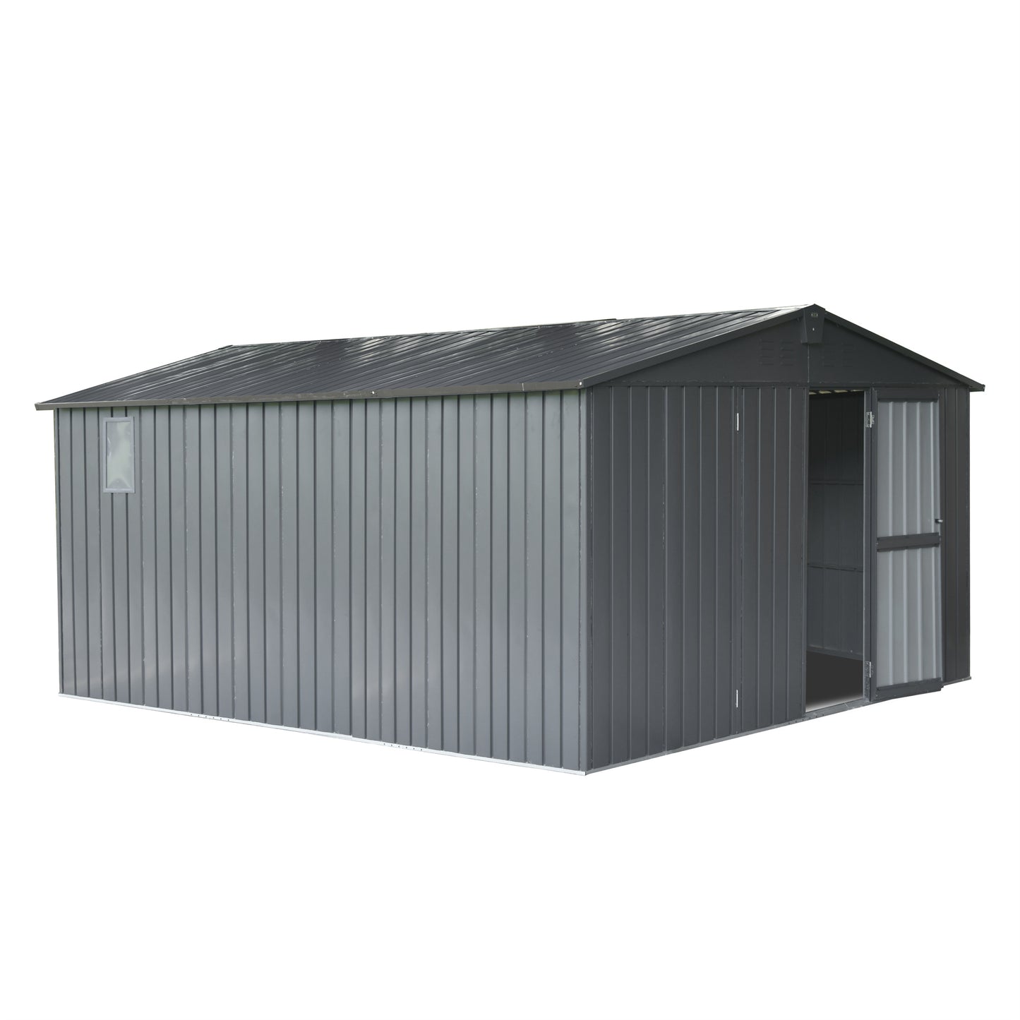Gray metal storage shed with double doors and a small window