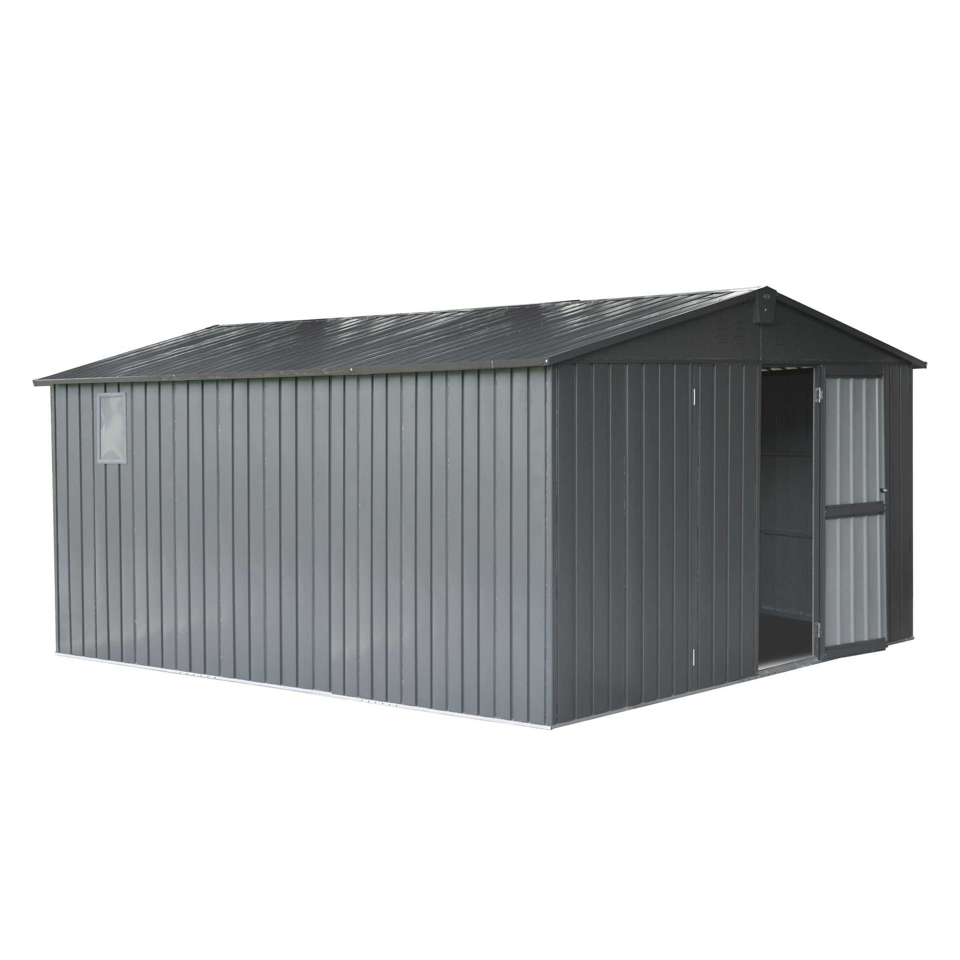 Gray metal storage shed with double doors and a small window