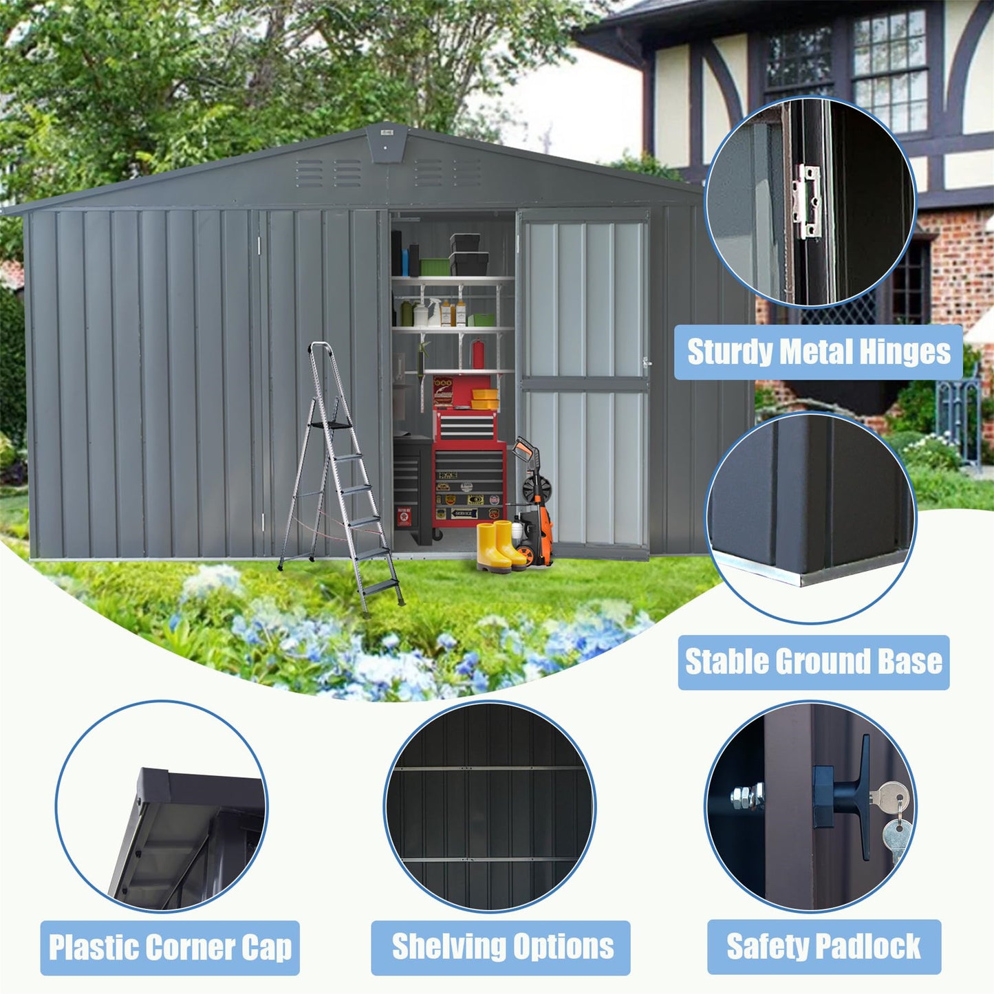 Gray metal garden shed with double doors ladder and interior shelving