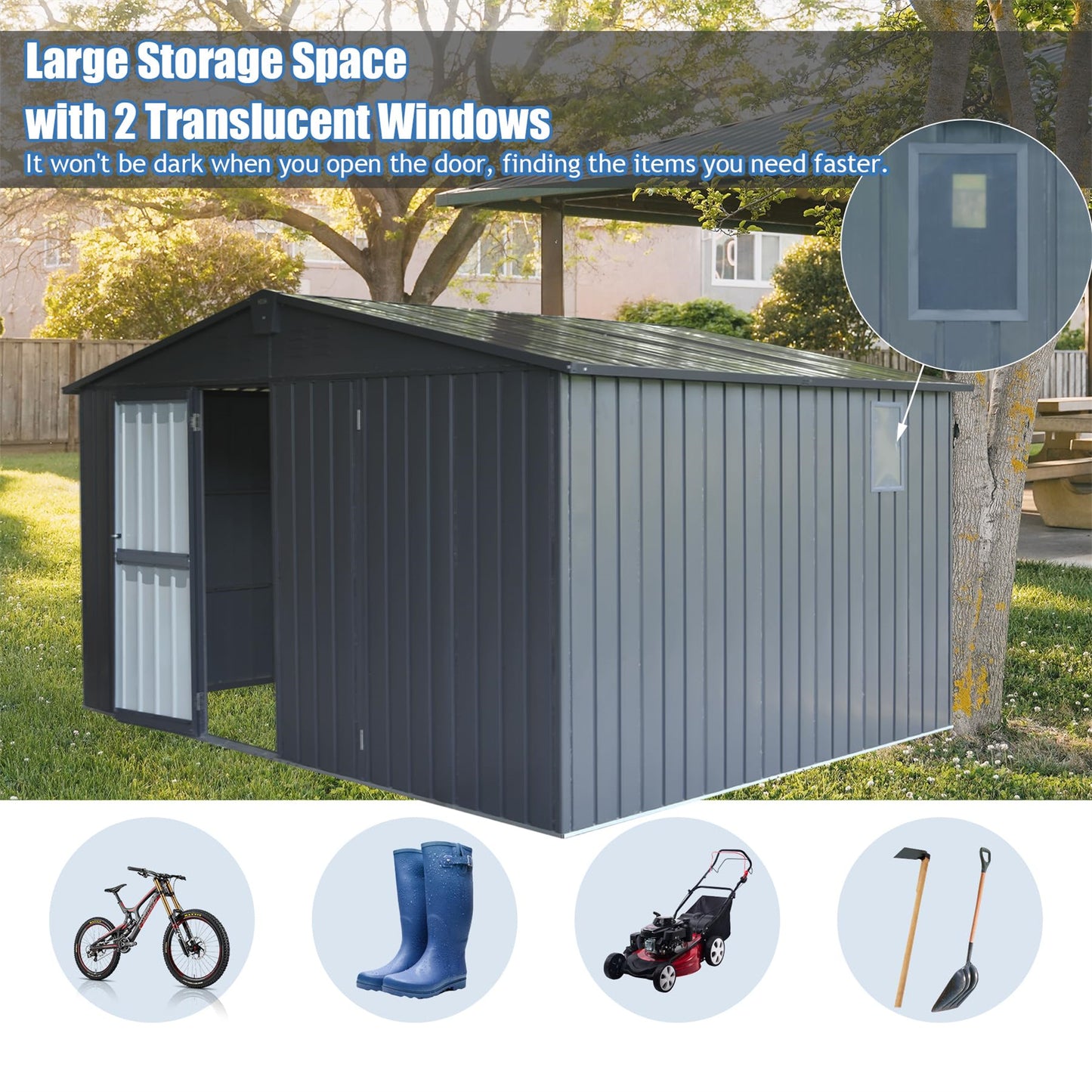 Grey metal garden shed with double doors and two translucent windows for storage