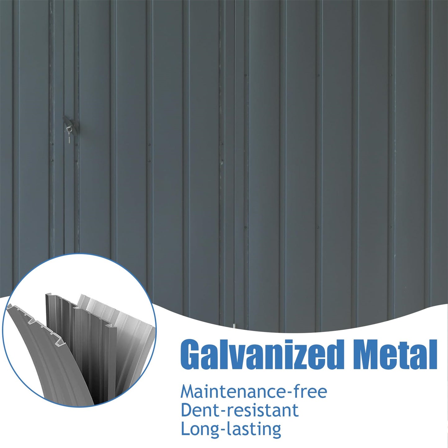 Closeup of dark gray corrugated galvanized metal siding with a key in a latch