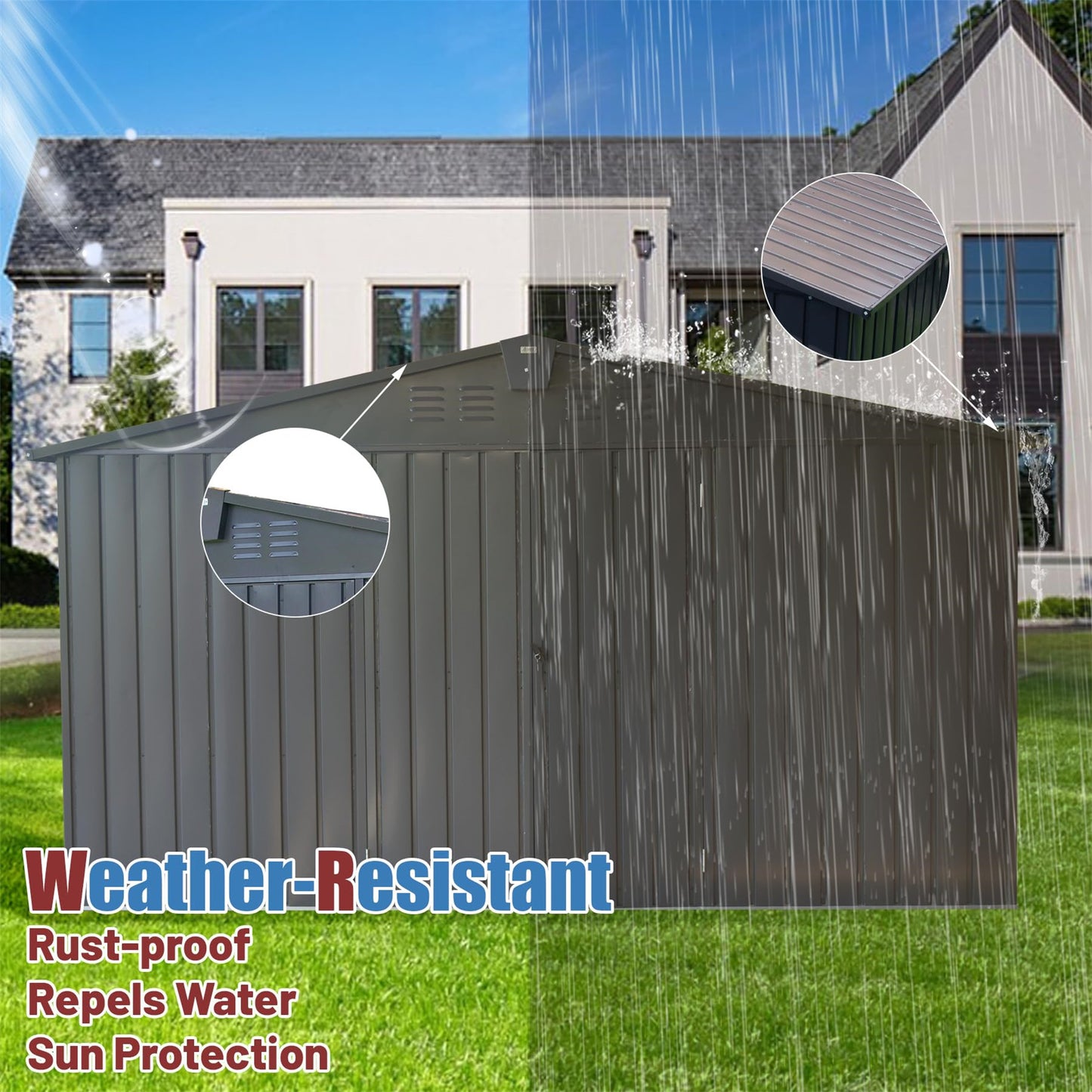 Dark grey metal storage shed with ventilated roof shown in rain to highlight weather resistance