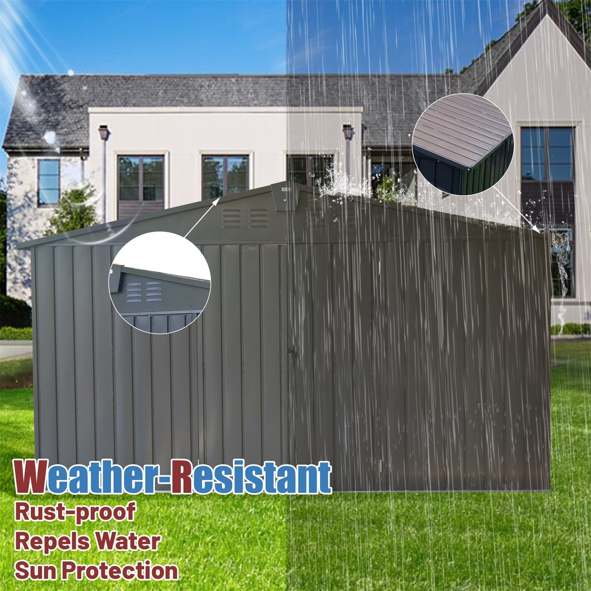 Dark grey metal storage shed with ventilated roof shown in rain to highlight weather resistance