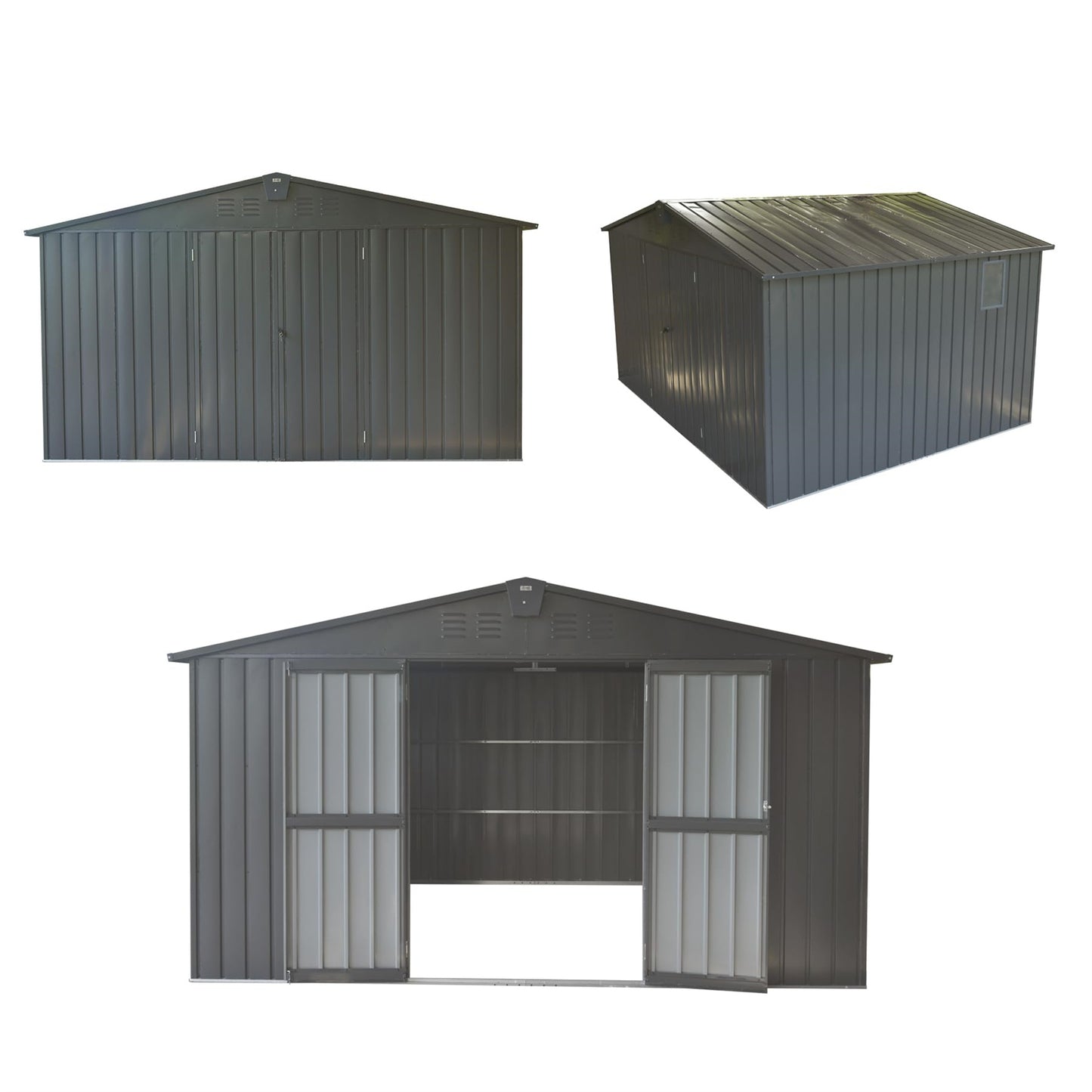 Dark grey metal garden shed with double doors front view