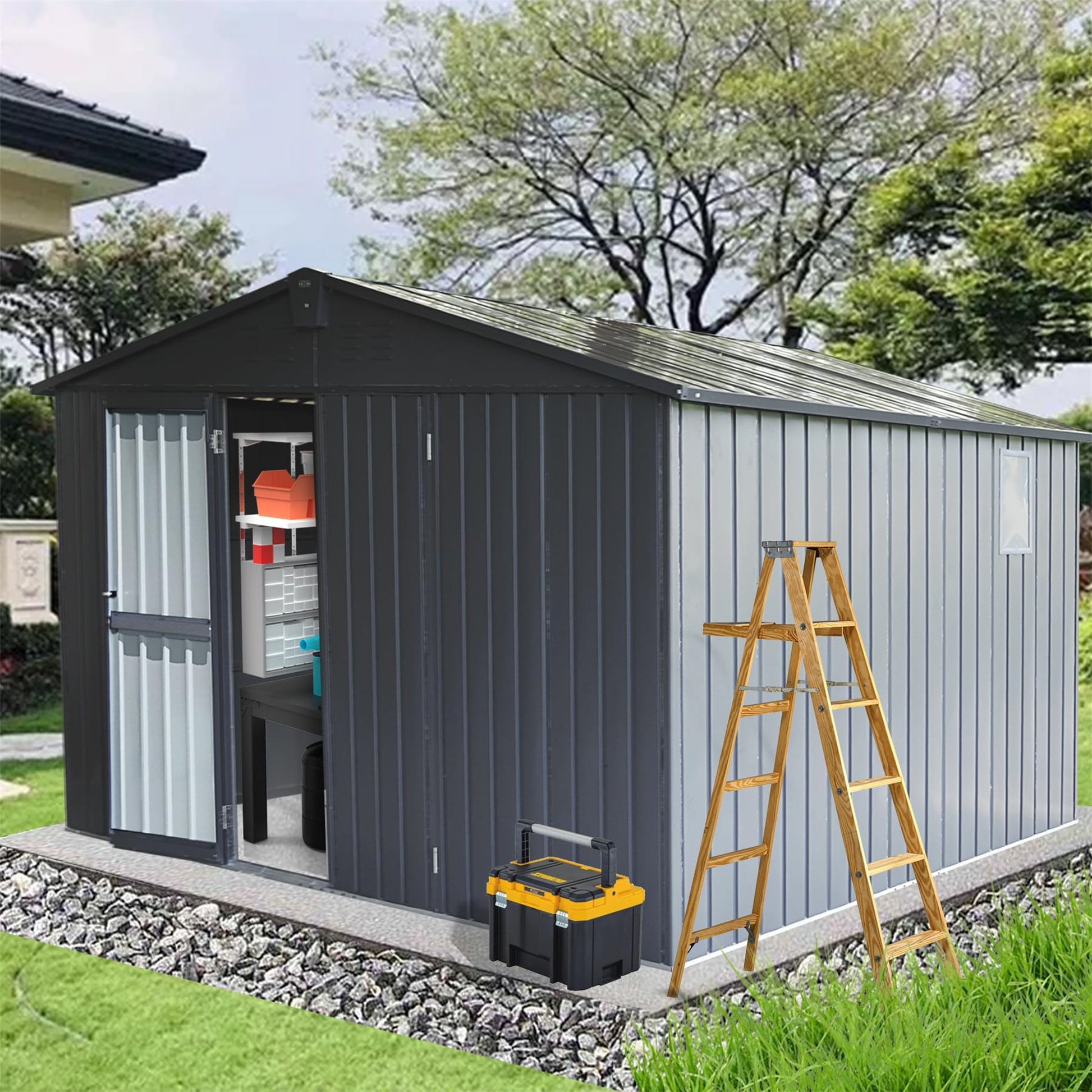 Dark gray and silver metal shed with open doors showing interior storage organization