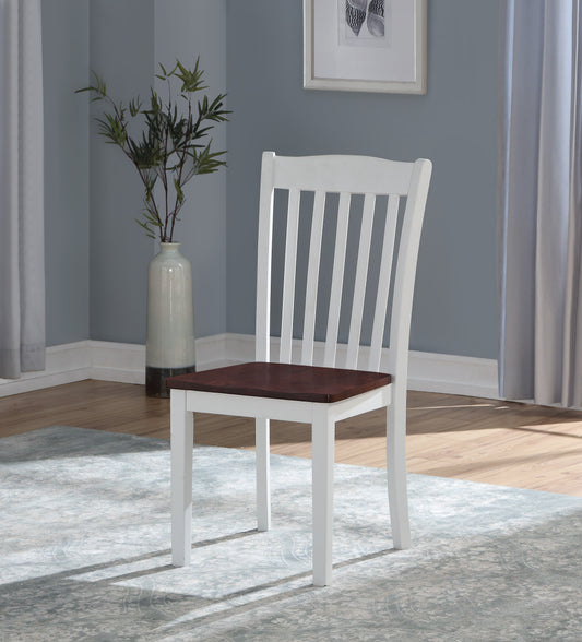 White and dark brown wood dining chair with slatted back and solid seat
