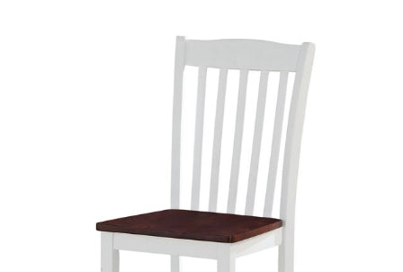 White wooden dining chair with a dark wood seat