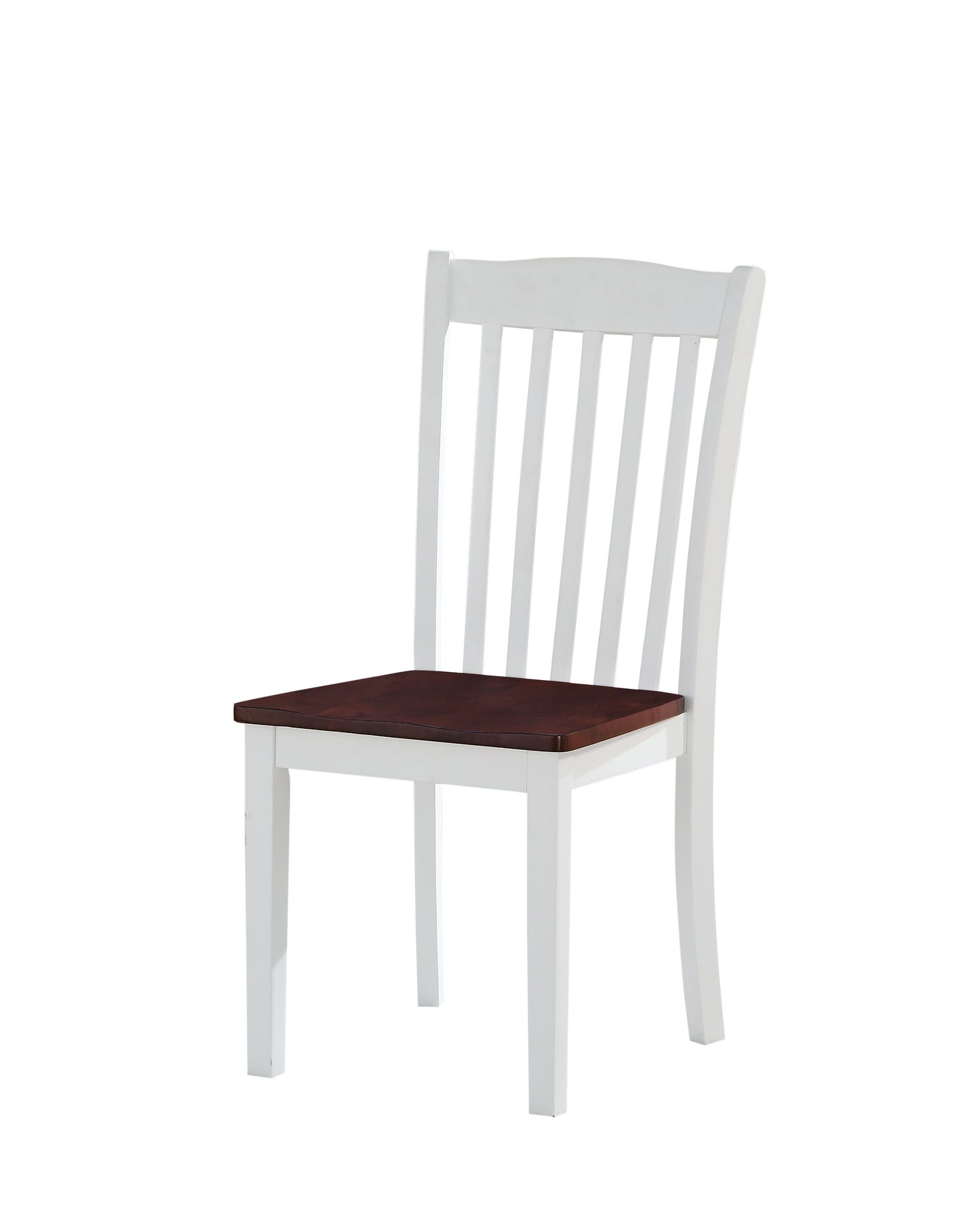 White wood dining chair with dark wood seat and slatted back
