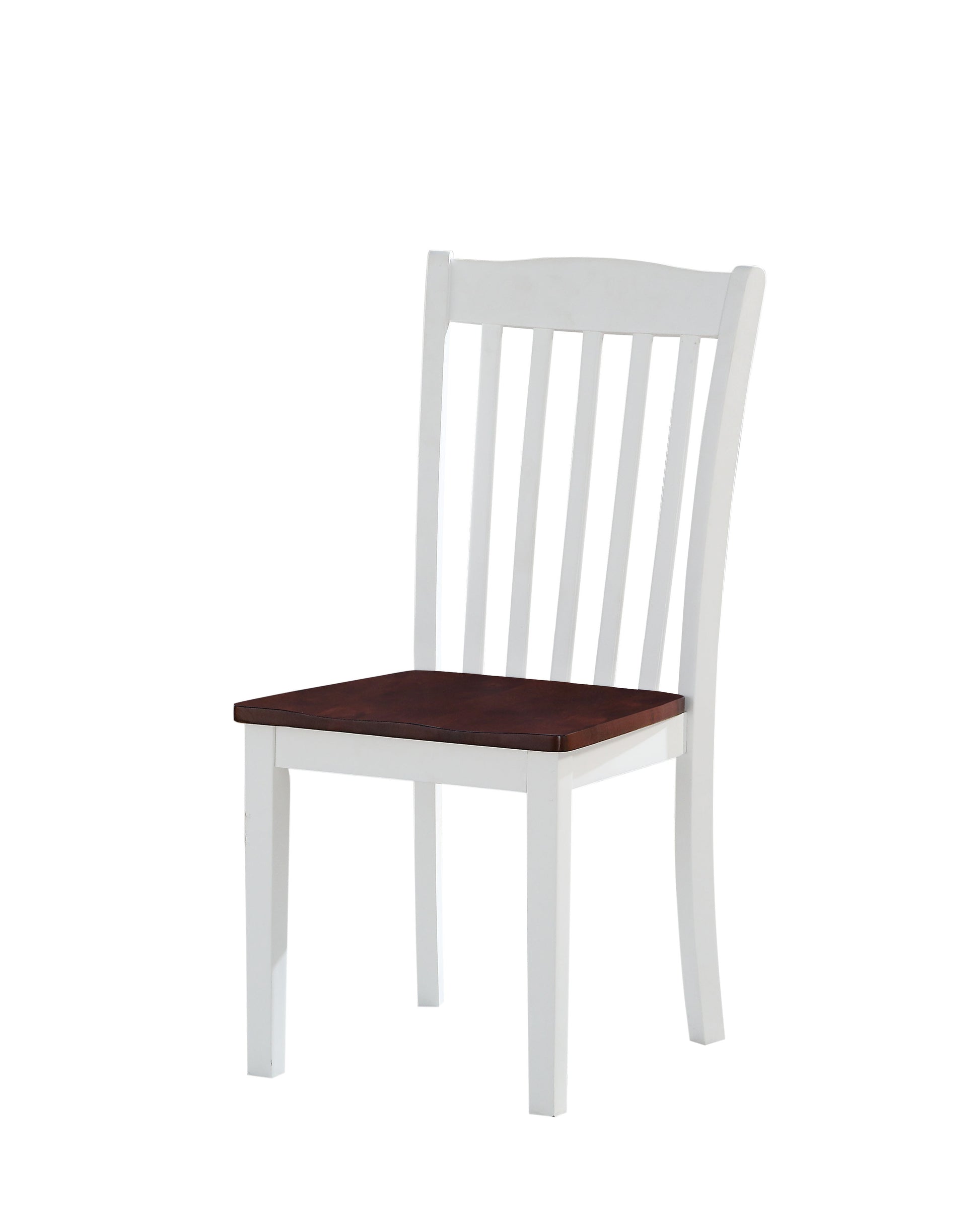 White wood dining chair with dark wood seat and slatted back