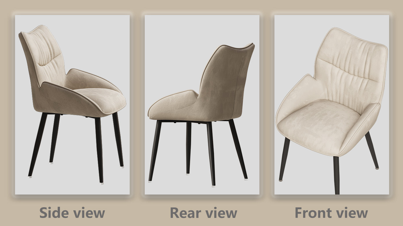 Beige fabric accent chair with curved back and black metal legs