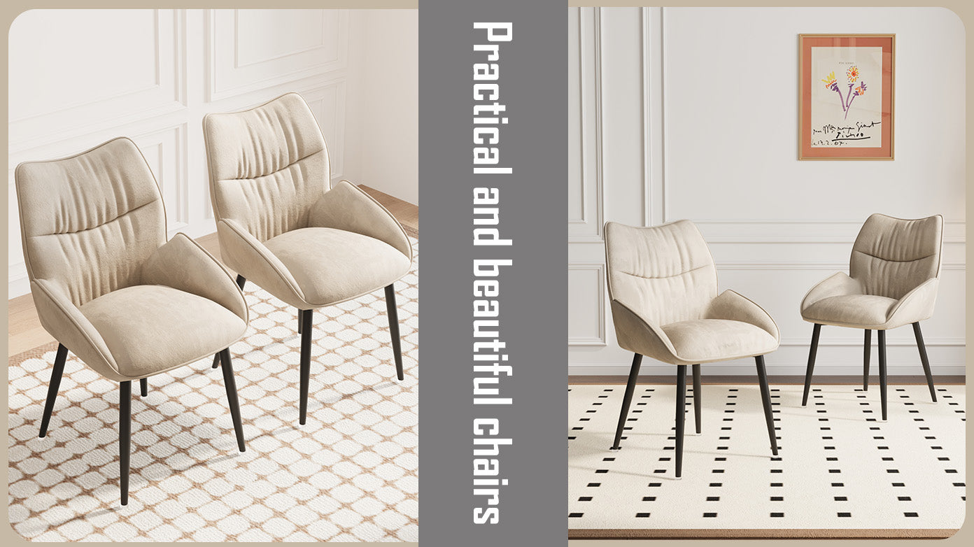 Beige upholstered dining chairs with curved back and black tapered legs