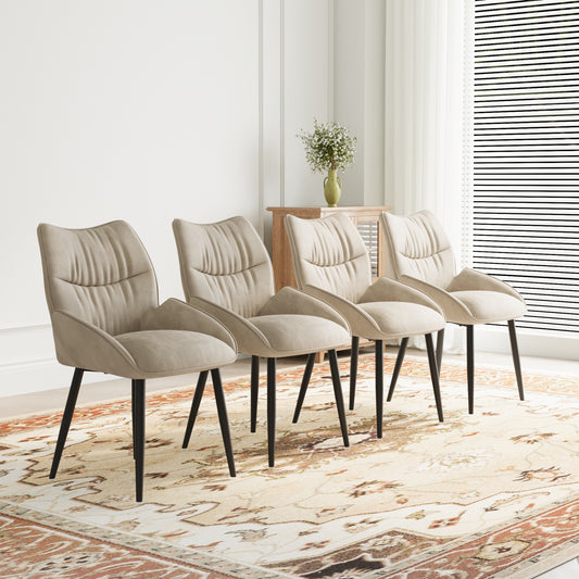 Set of four modern beige fabric dining chairs with black tapered legs