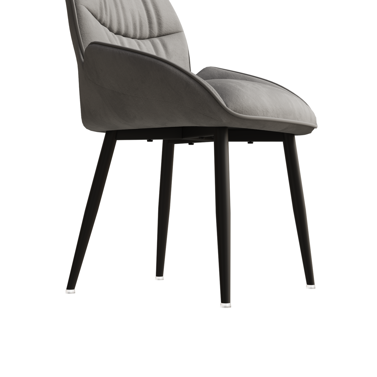 Gray upholstered dining chair with stitched details and dark metal legs