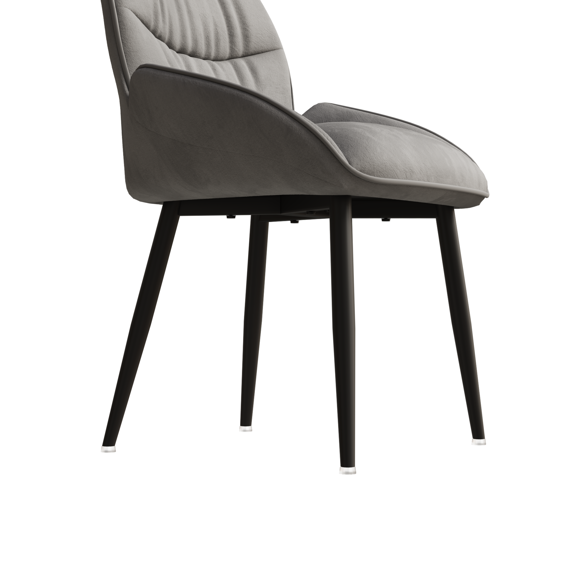 Gray upholstered dining chair with stitched details and dark metal legs