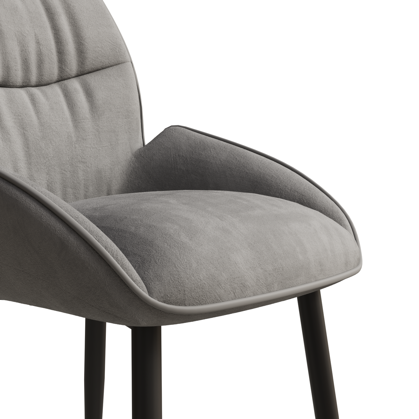 Closeup of a plush grey fabric accent chair with a modern curved design