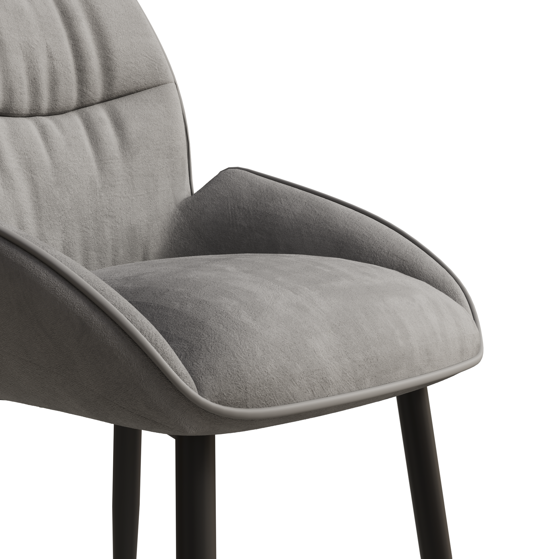 Closeup of a plush grey fabric accent chair with a modern curved design