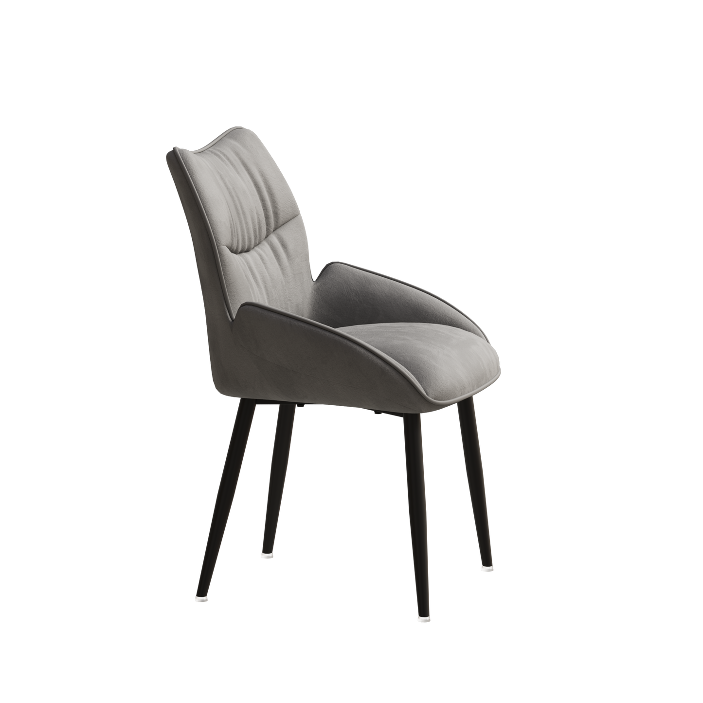 Upholstered grey accent chair with tufted back and black metal legs