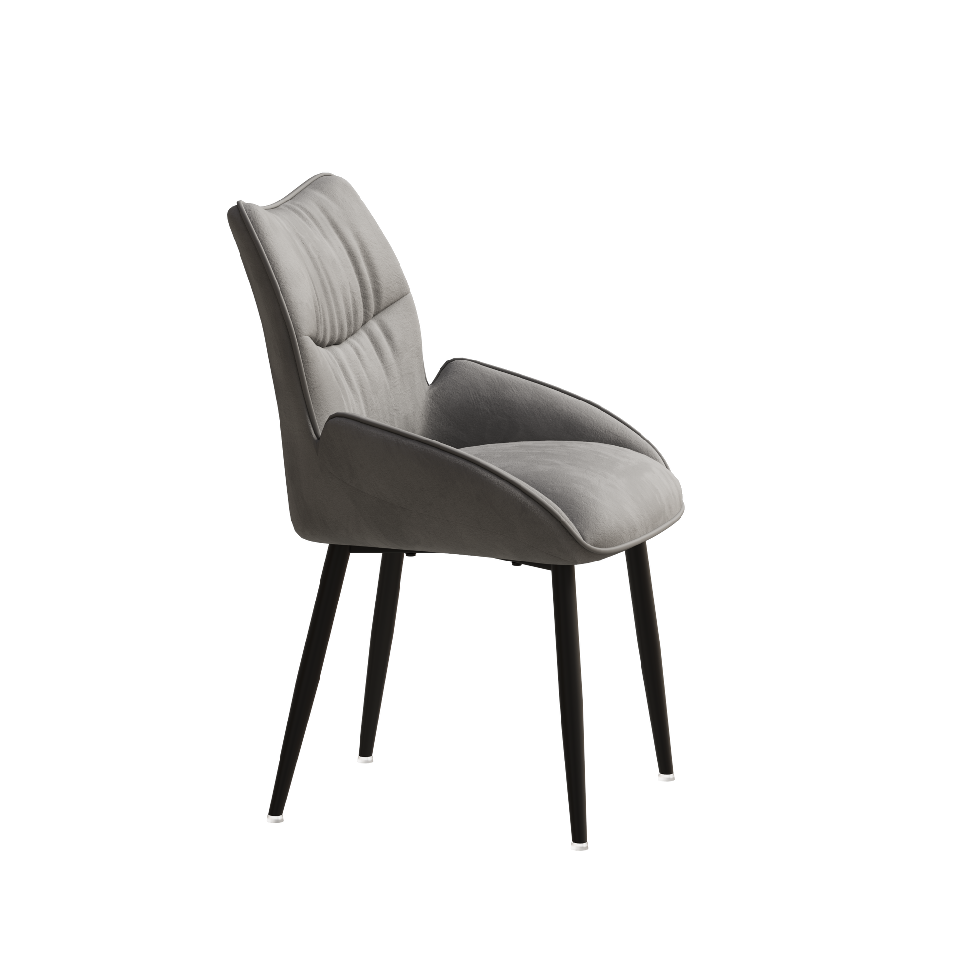 Upholstered grey accent chair with tufted back and black metal legs