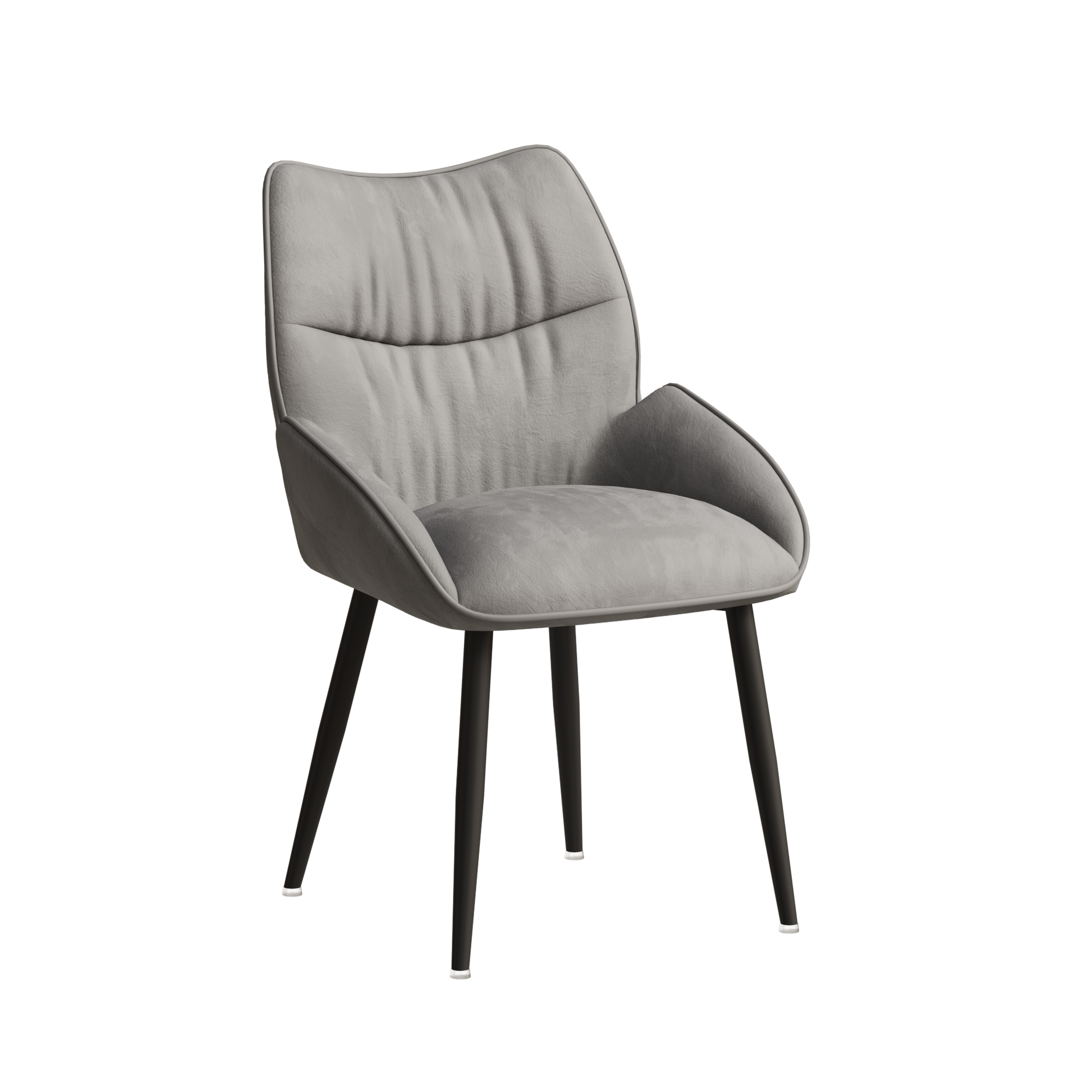 Plush grey fabric accent chair with sleek black tapered legs perfect for modern dining spaces