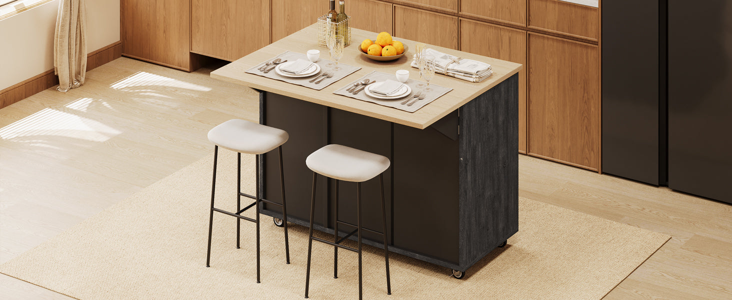 Modern kitchen island with drop leaf breakfast bar and seating for two