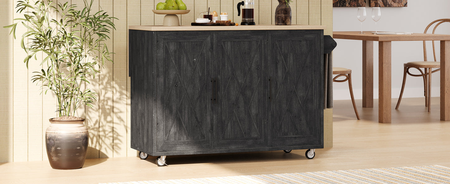 Dark grey distressed wood kitchen island cart with xpattern doors and casters