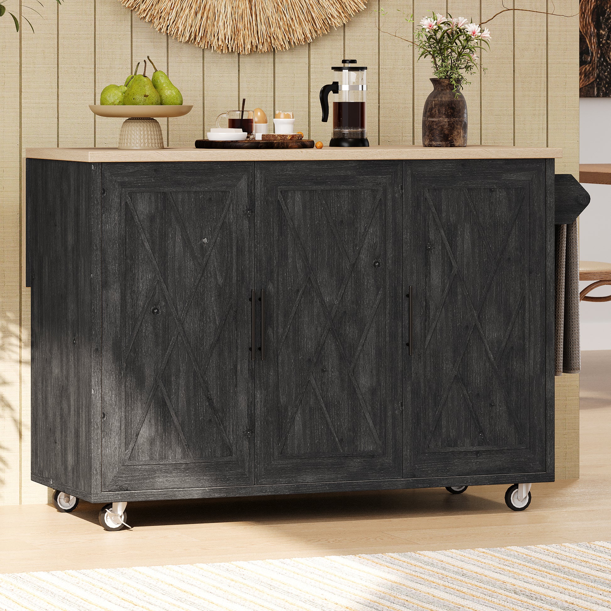 Dark gray kitchen island with diamond paneled doors and caster wheels