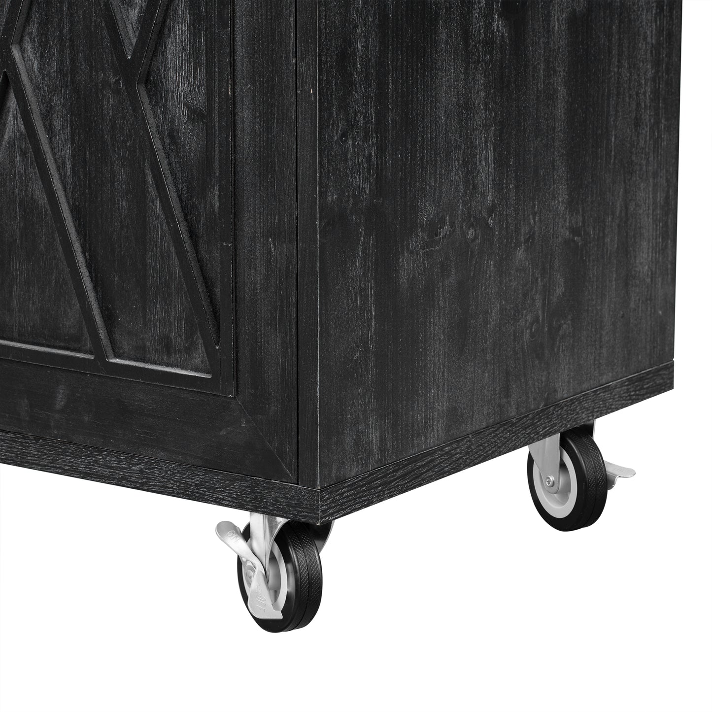 Dark wood bar cabinet with diamond paneled door detail and locking casters