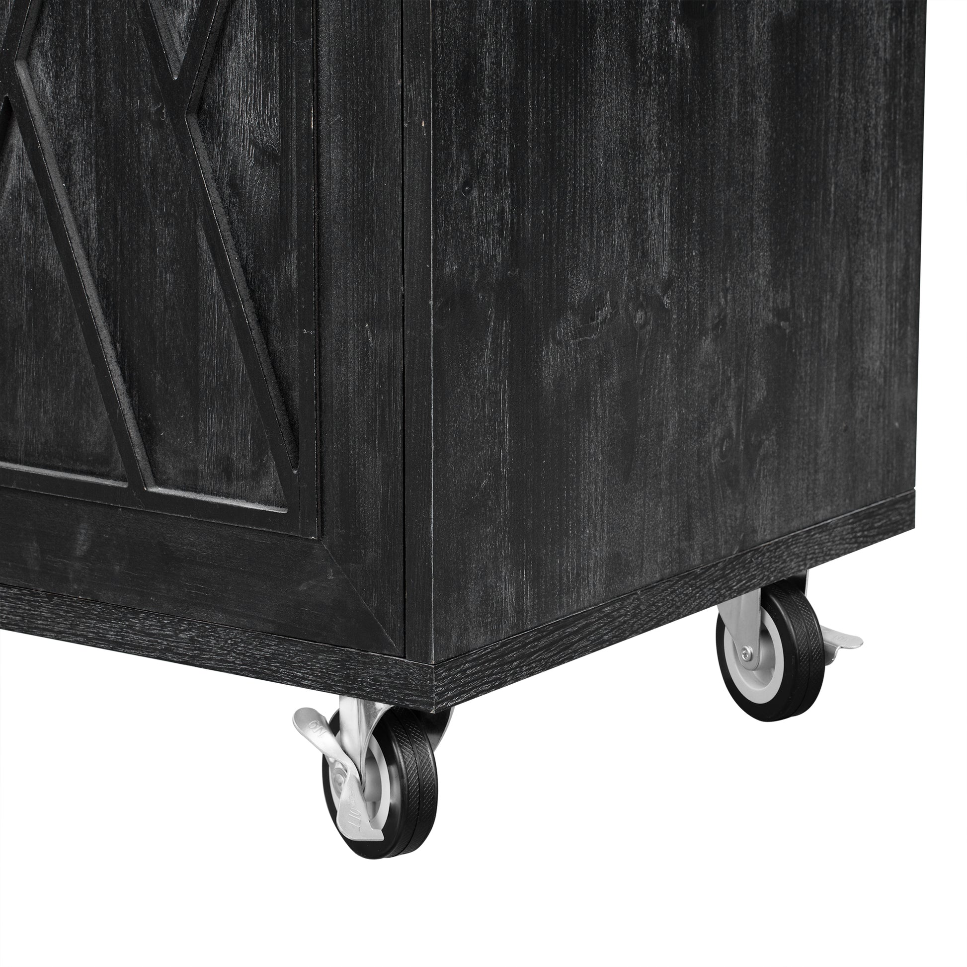 Dark wood bar cabinet with diamond paneled door detail and locking casters