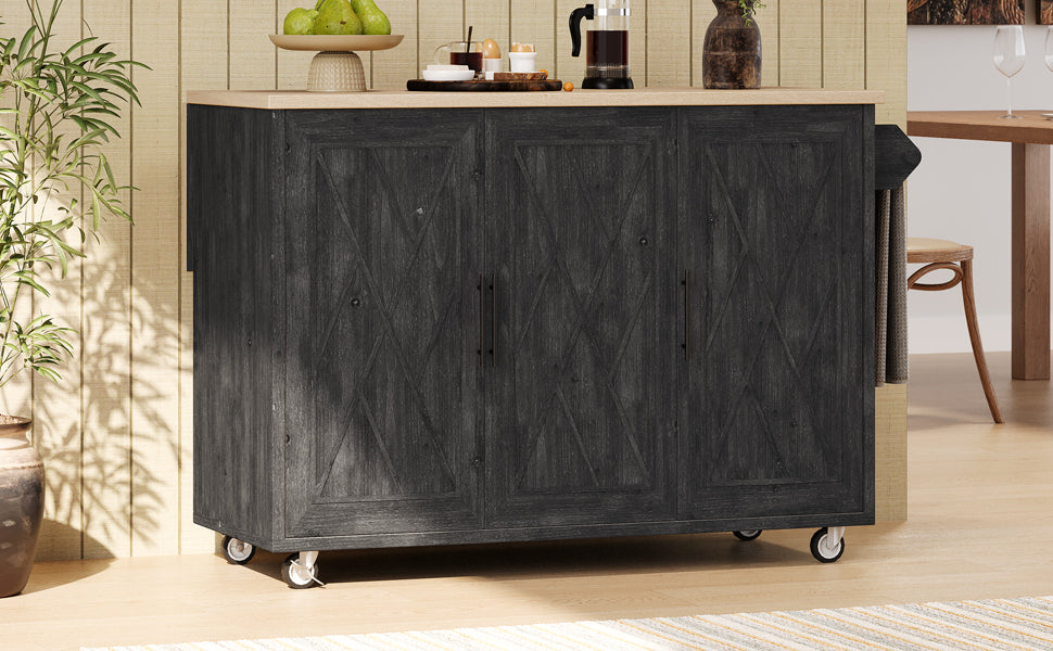 Dark gray wooden kitchen island with three cabinet doors and rolling casters