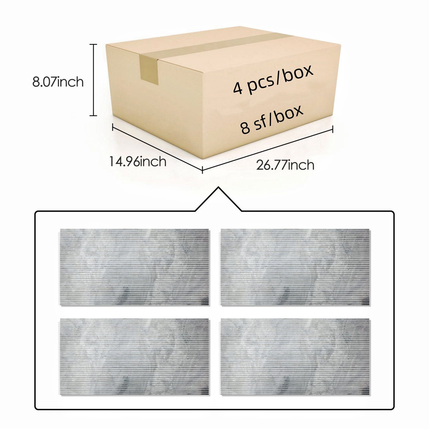 Cardboard box with dimensions  x  x  inches holding  pcsbox of gray textured tiles