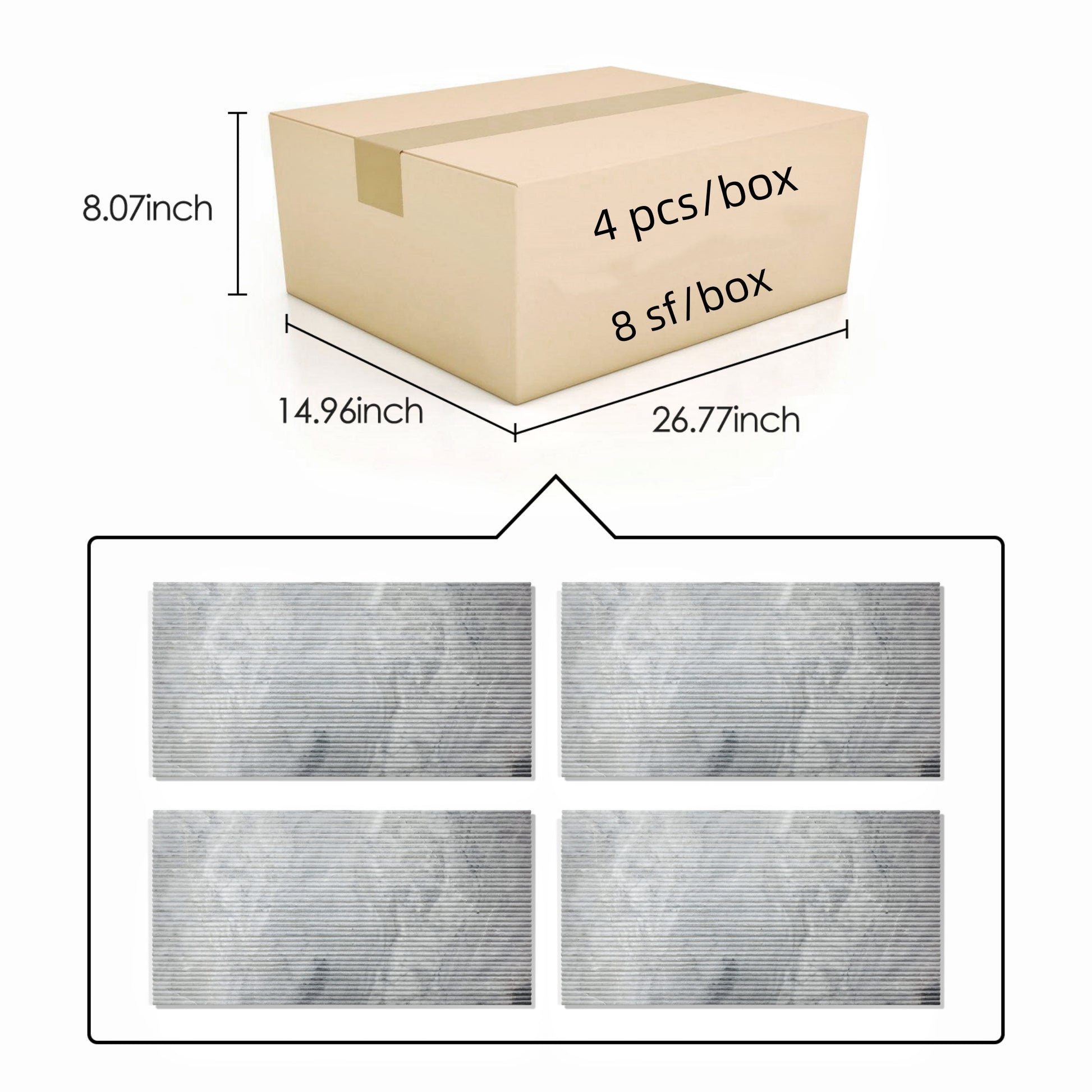 Cardboard box with dimensions  x  x  inches holding  pcsbox of gray textured tiles