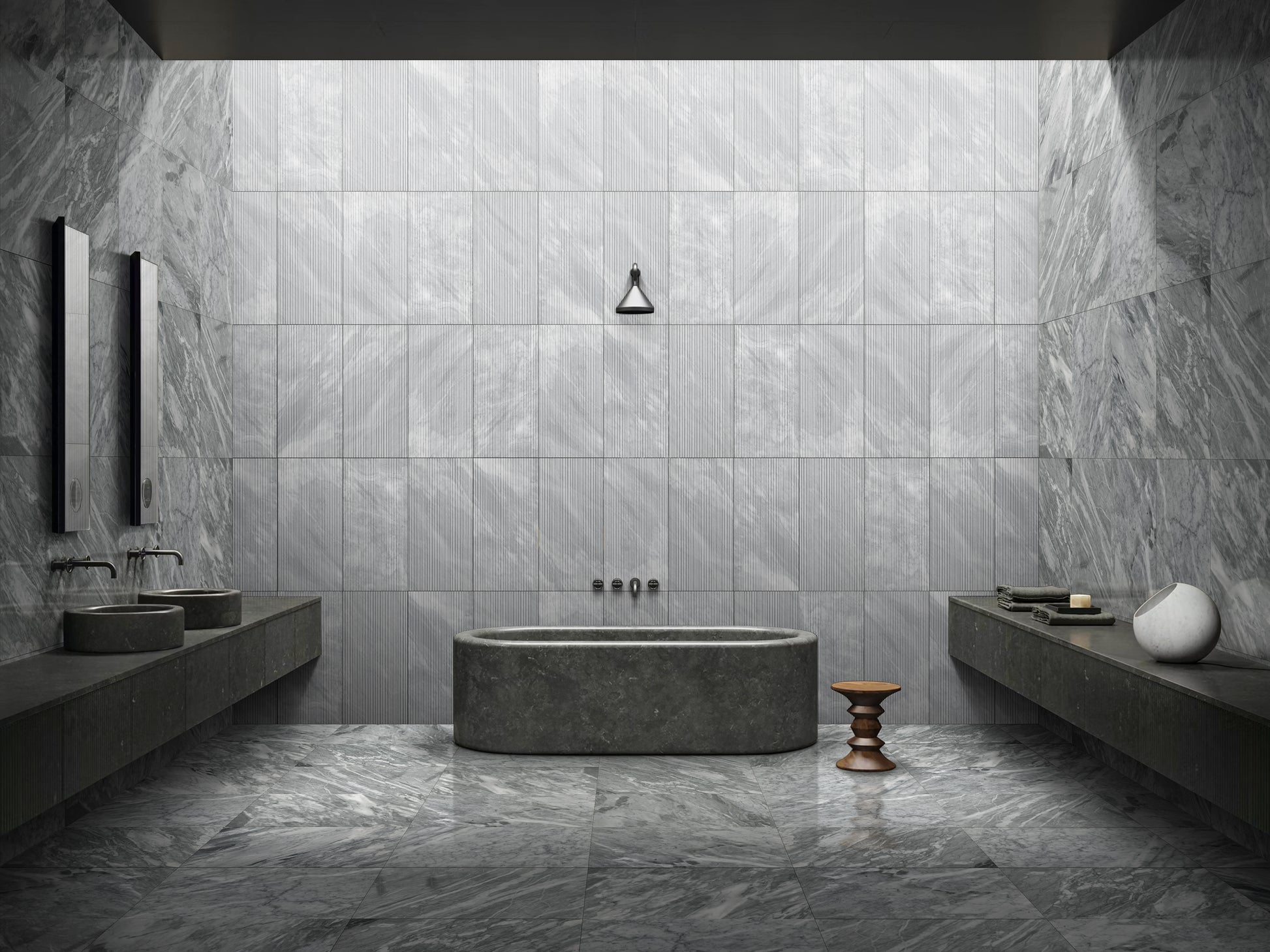 Luxurious dark grey stone bathtub with waterfall faucet in modern minimalist bathroom