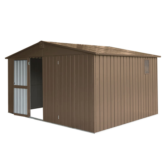 Brown metal outdoor storage shed with one window and double doors