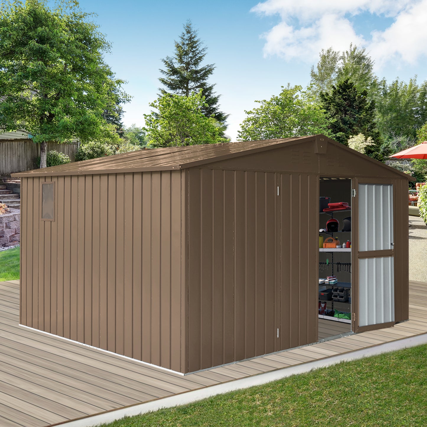 Brown metal garden shed with open door showing organized storage shelves