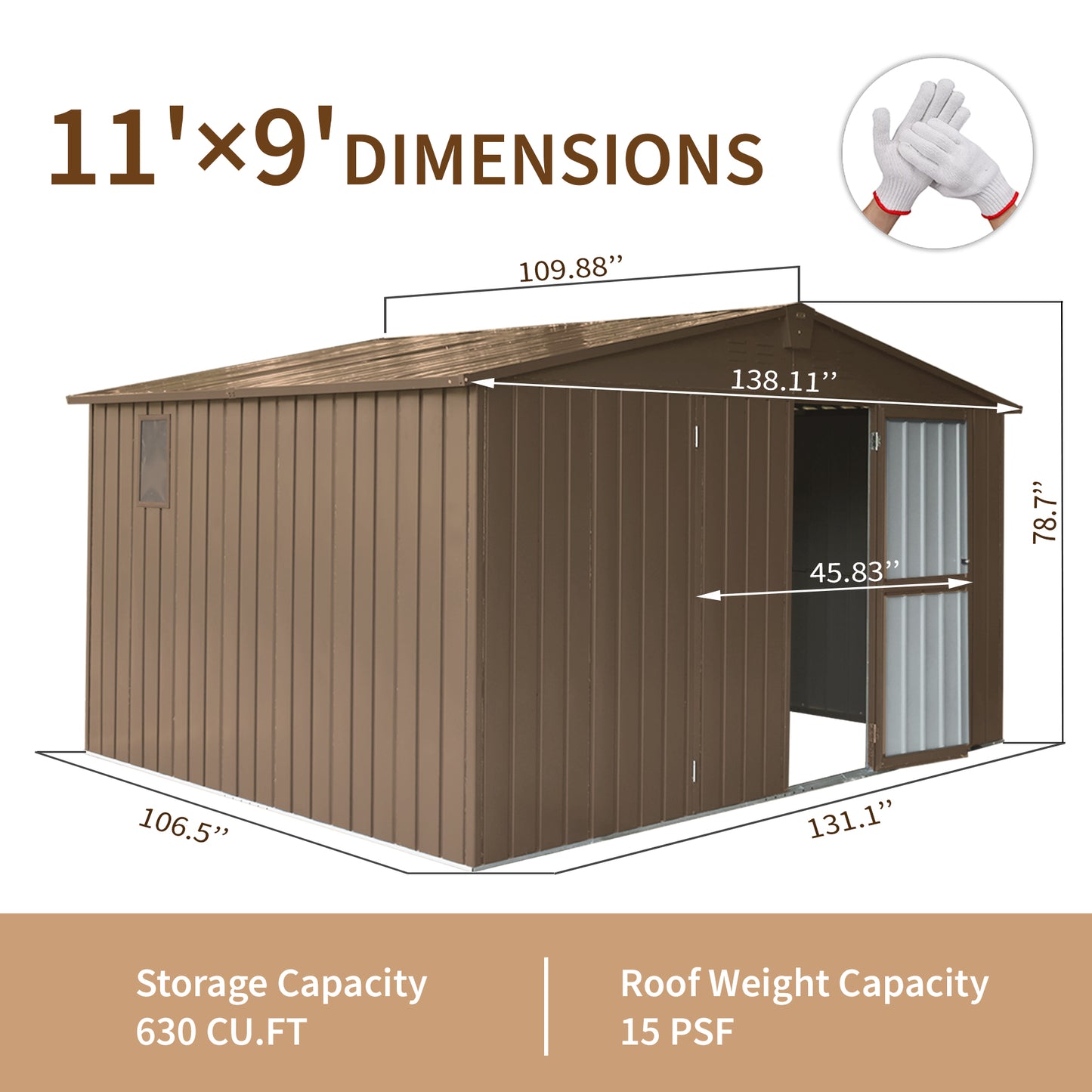 Brown metal storage shed with double doors window and dimensional callouts