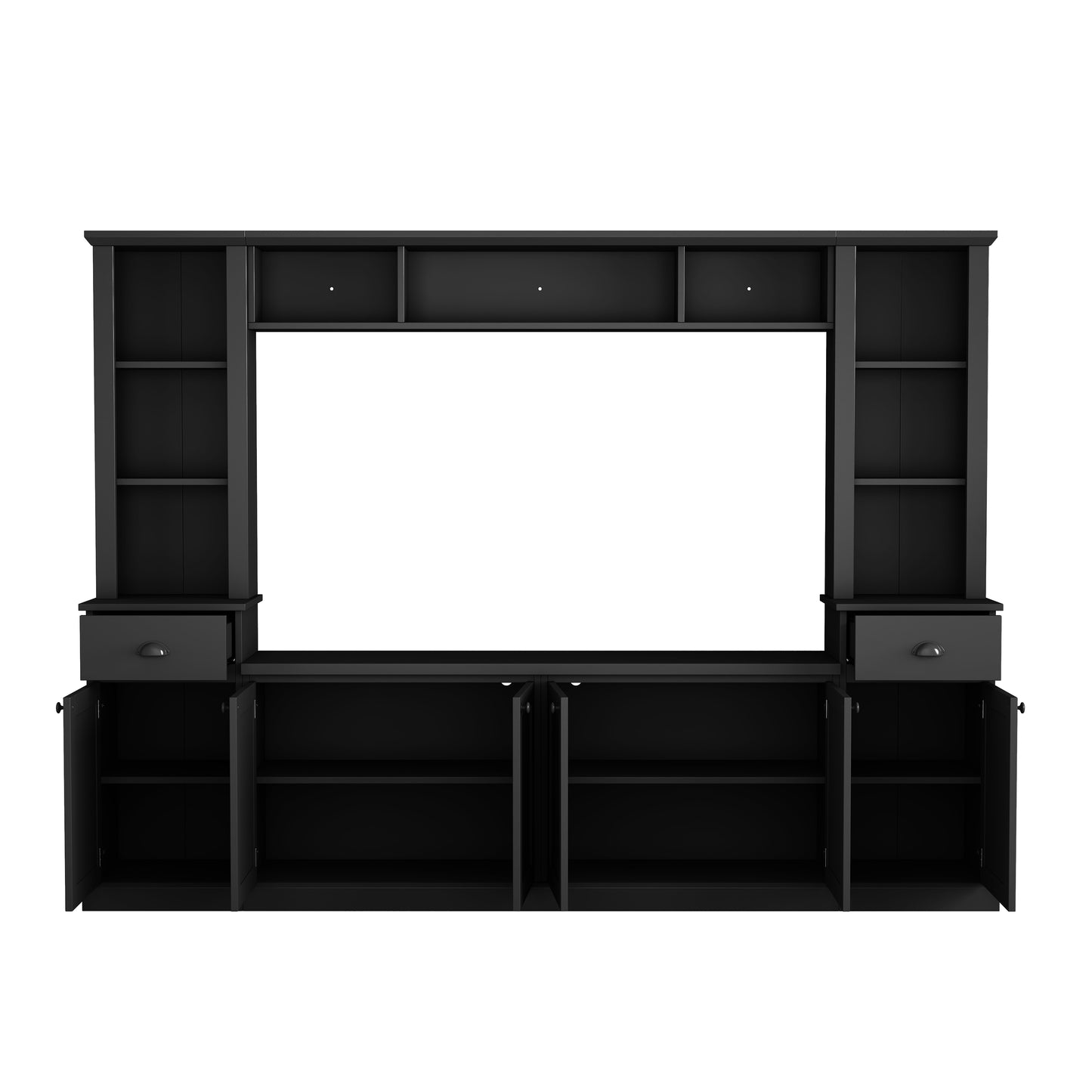 Black entertainment center with open cabinets and drawers modern media console