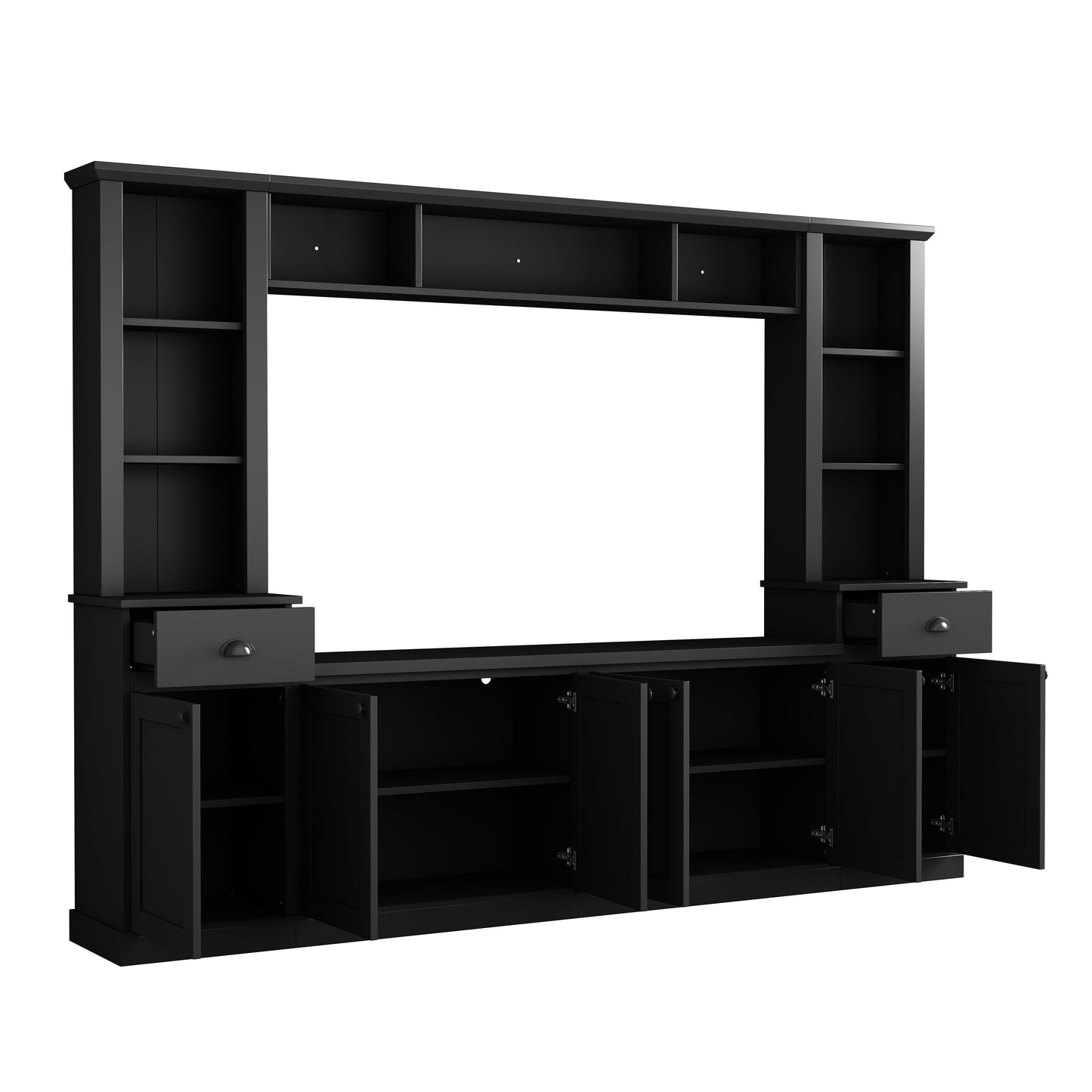 Black modern entertainment center with open shelves and cabinets