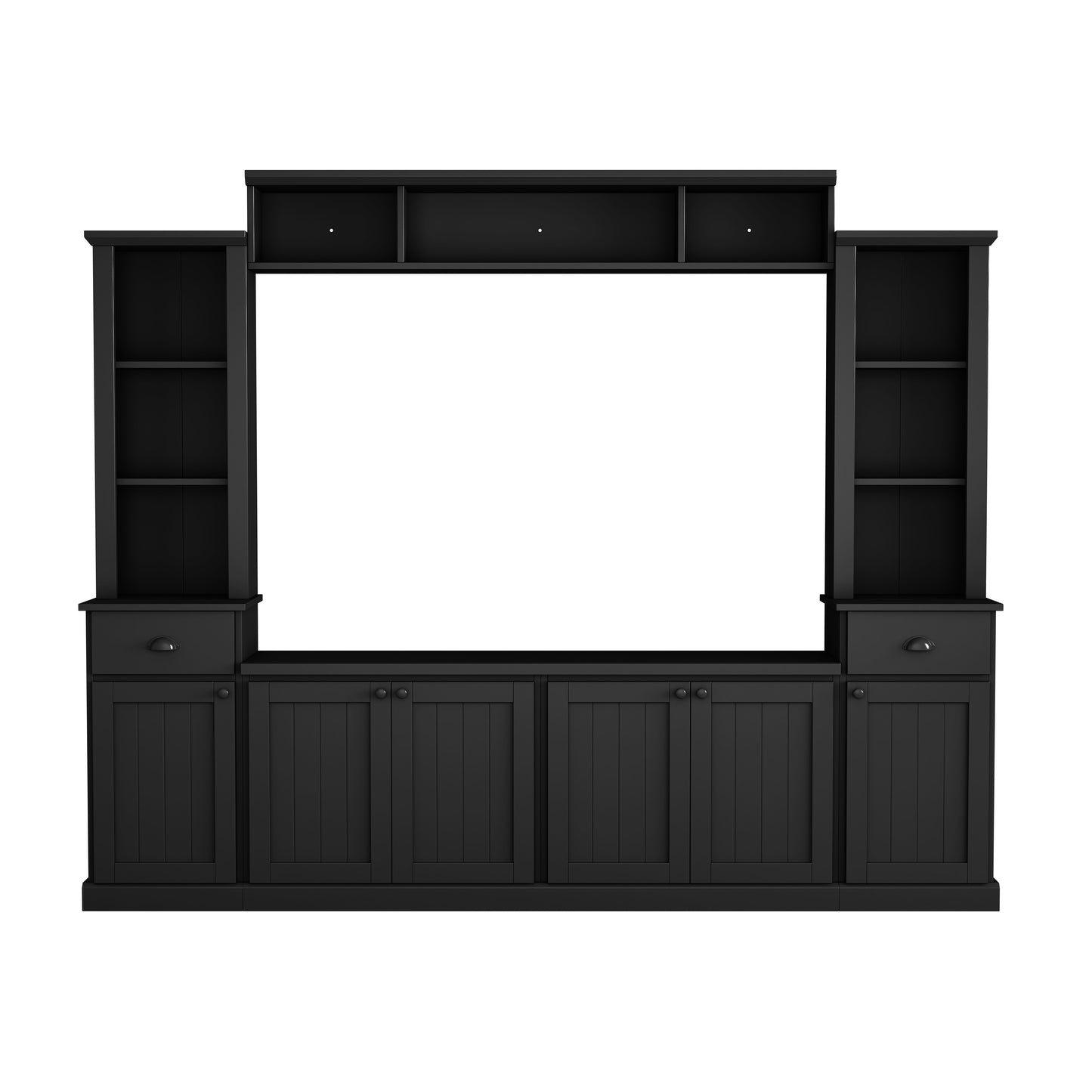 Black media console with multiple shelves and cabinets perfect for a home entertainment setup