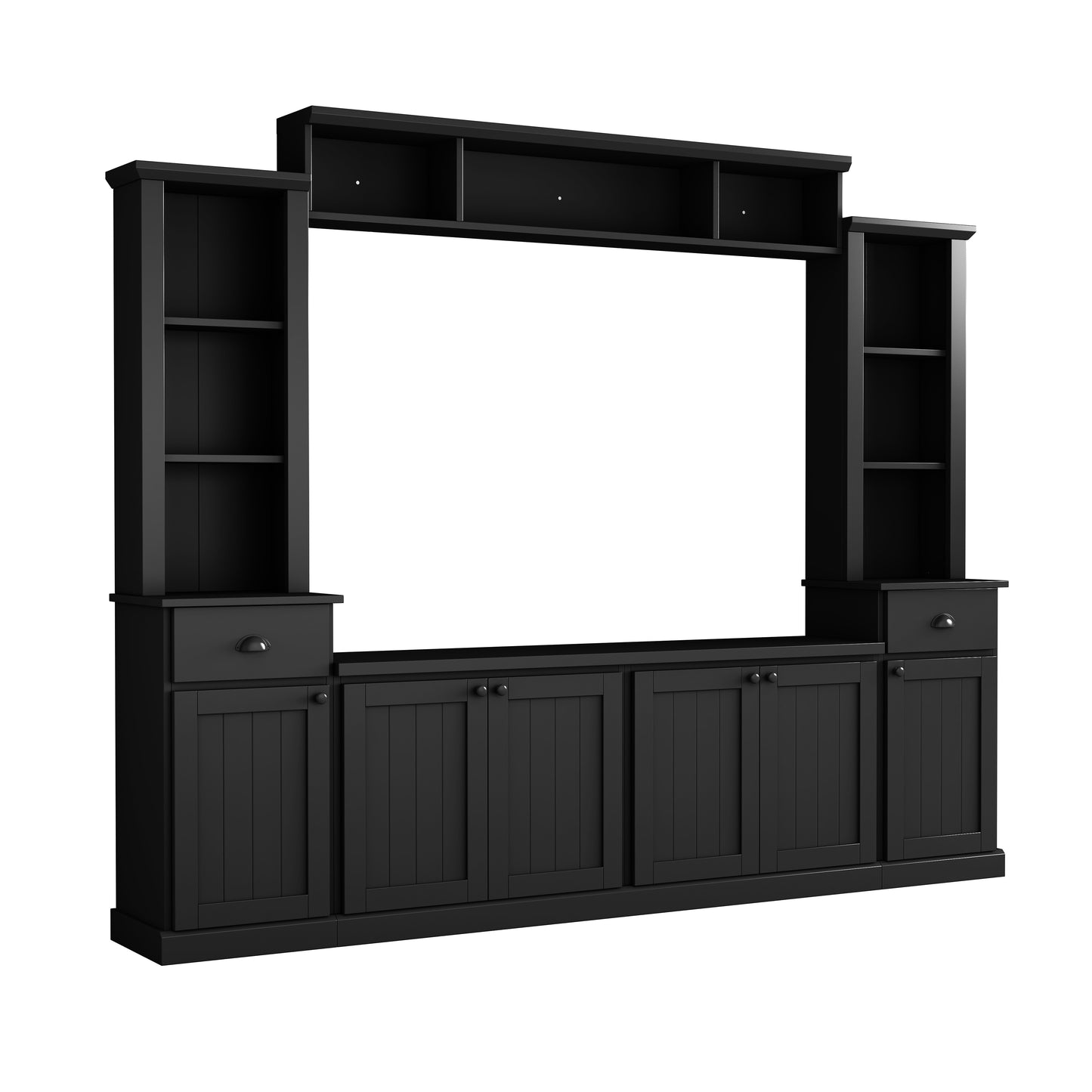 Black media console with six doors and two drawers for TV room storage