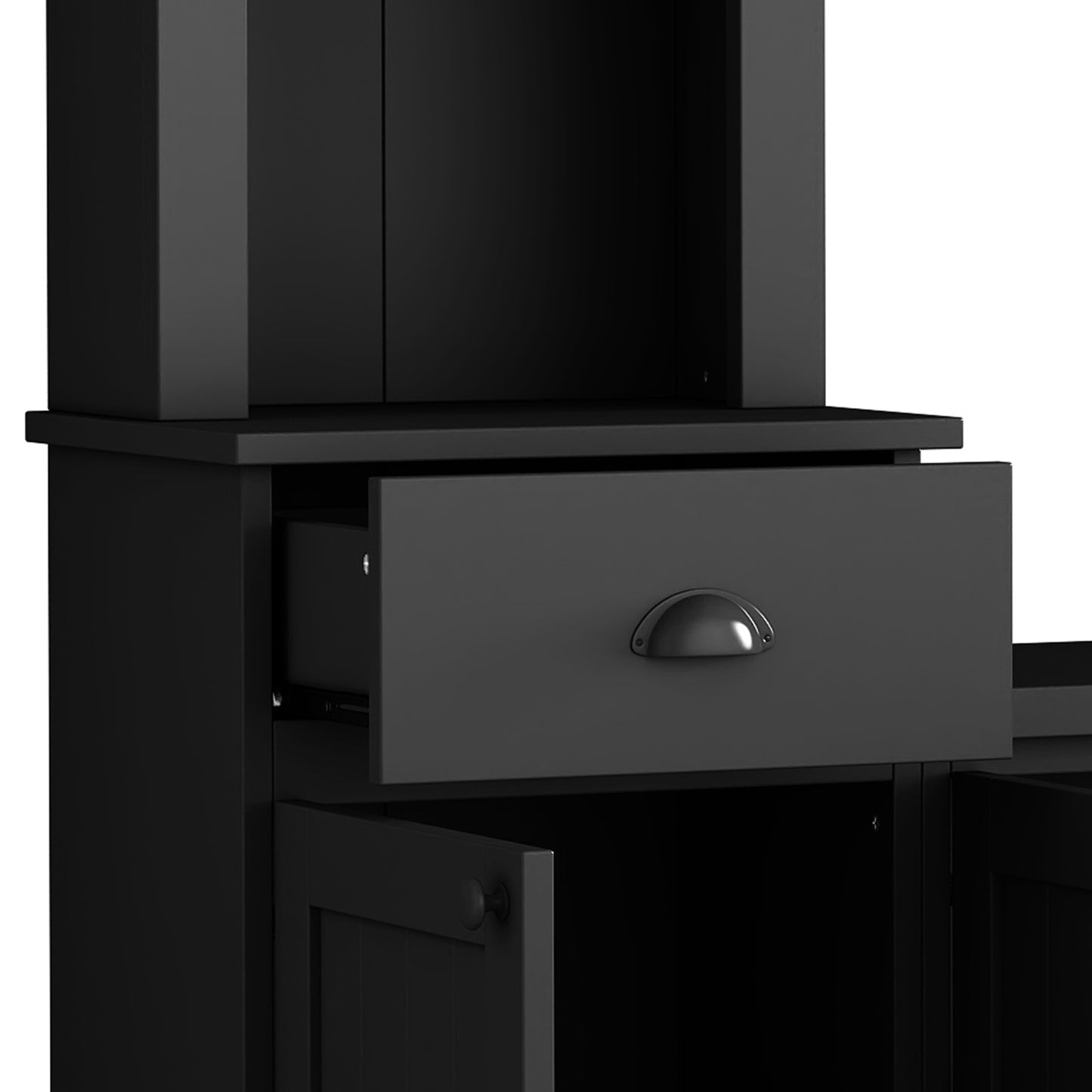 Black kitchen island cabinet with open drawer and cupboard door