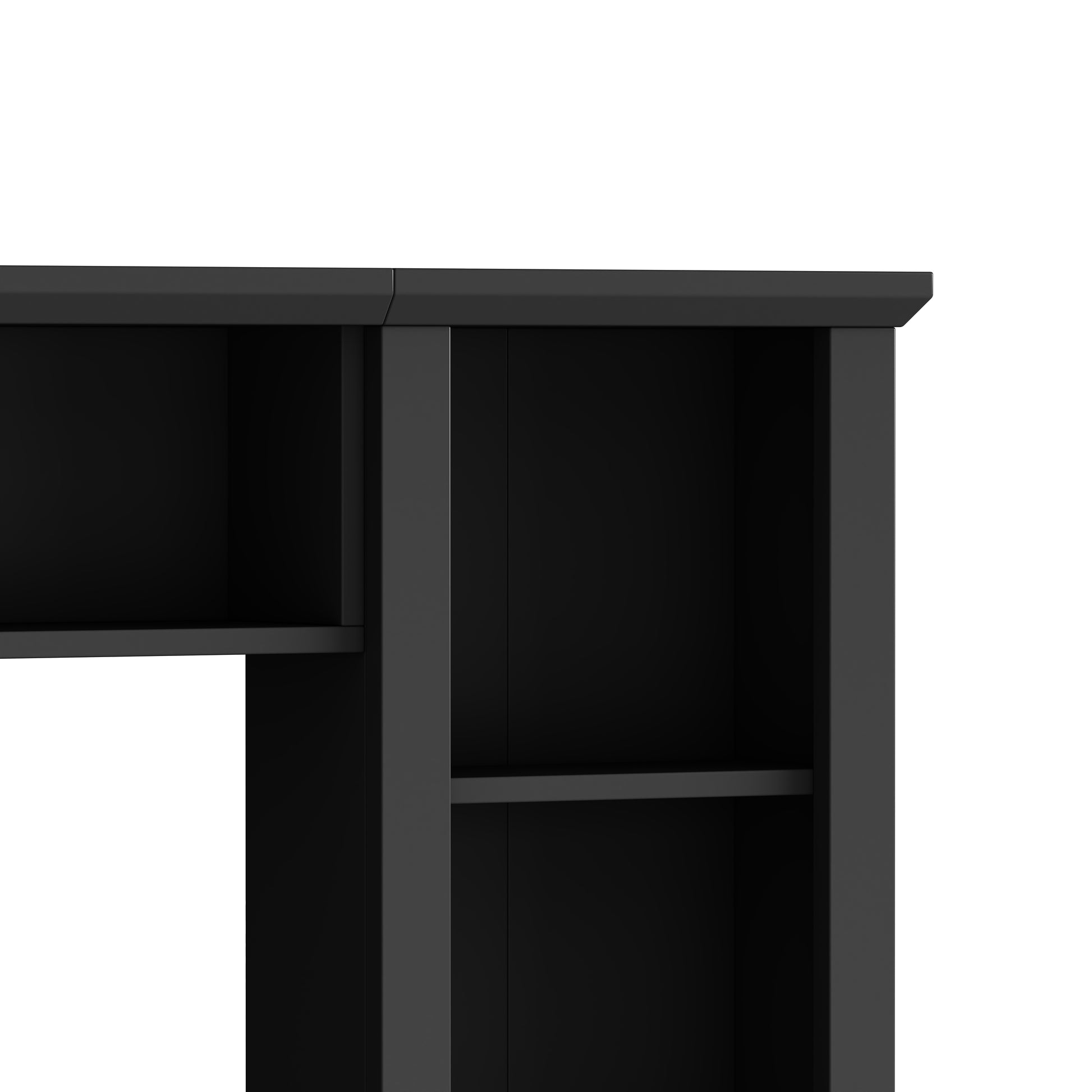 Closeup of a black modern bookshelf with visible shelves and vertical dividers