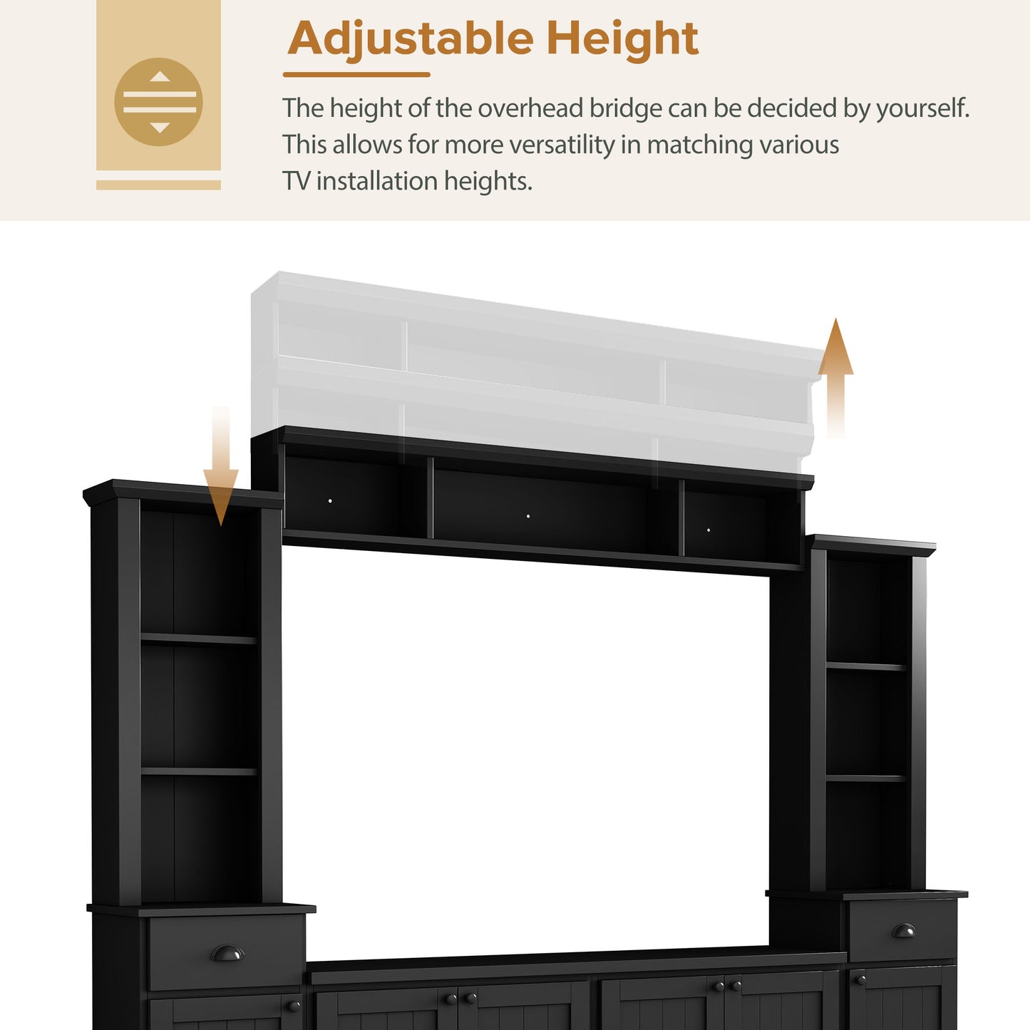 Black entertainment center with adjustable height bridge for TV mounting